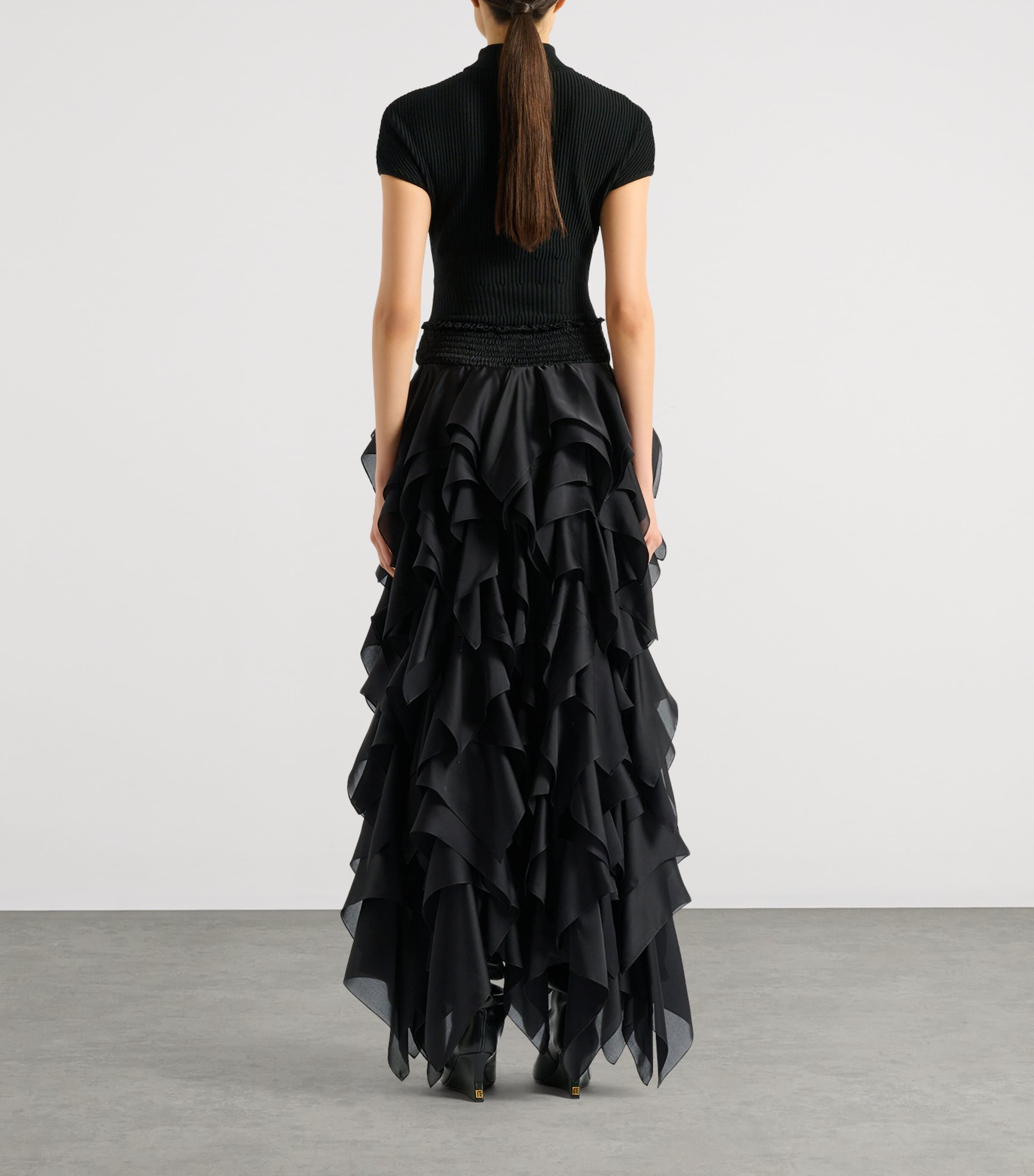 Balmain Womens Silk Ruffled Maxi Skirt Noir Image 6