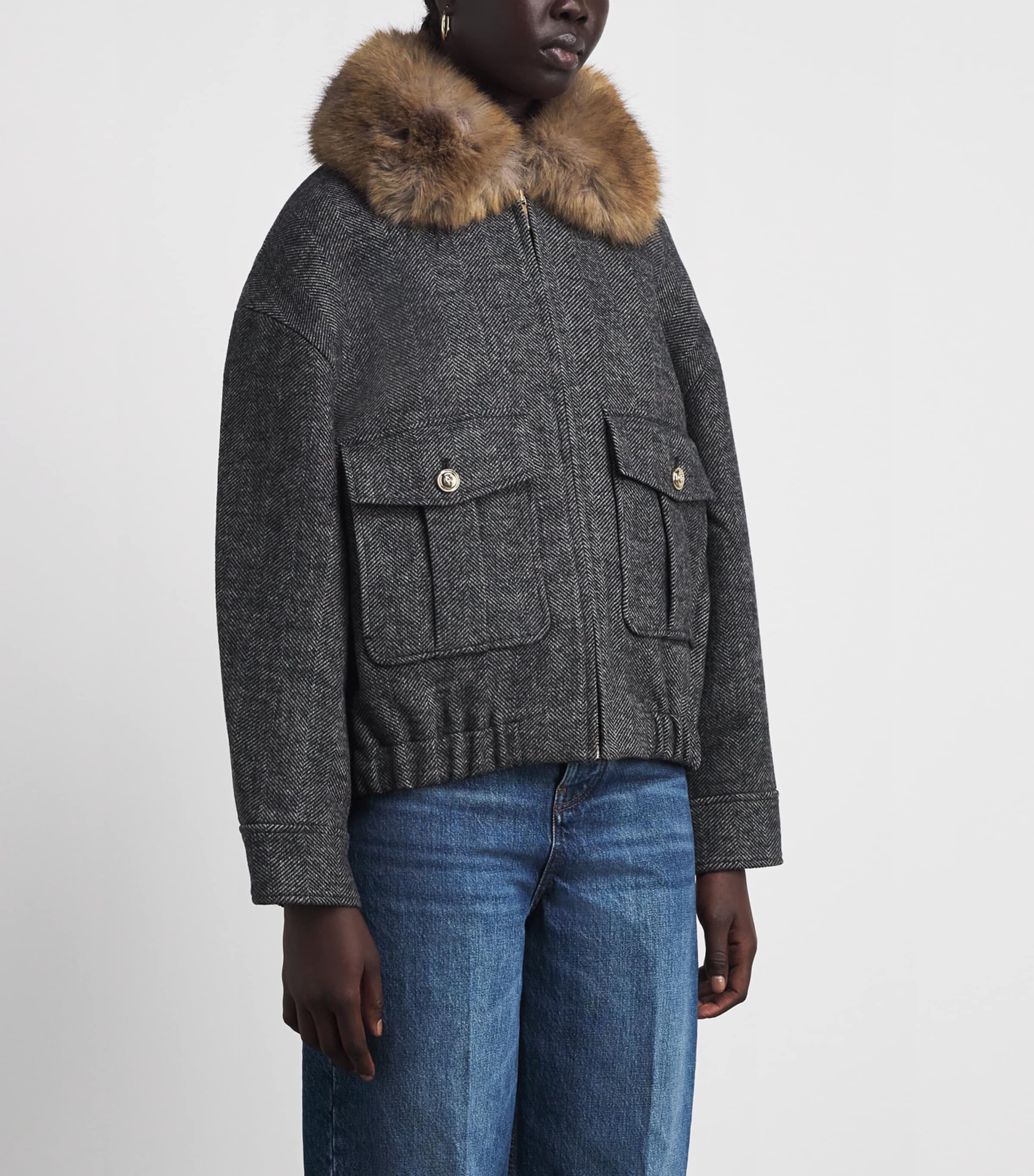 Maje Womens Denim Oversized Herringbone Jacket Dark Grey Image 3