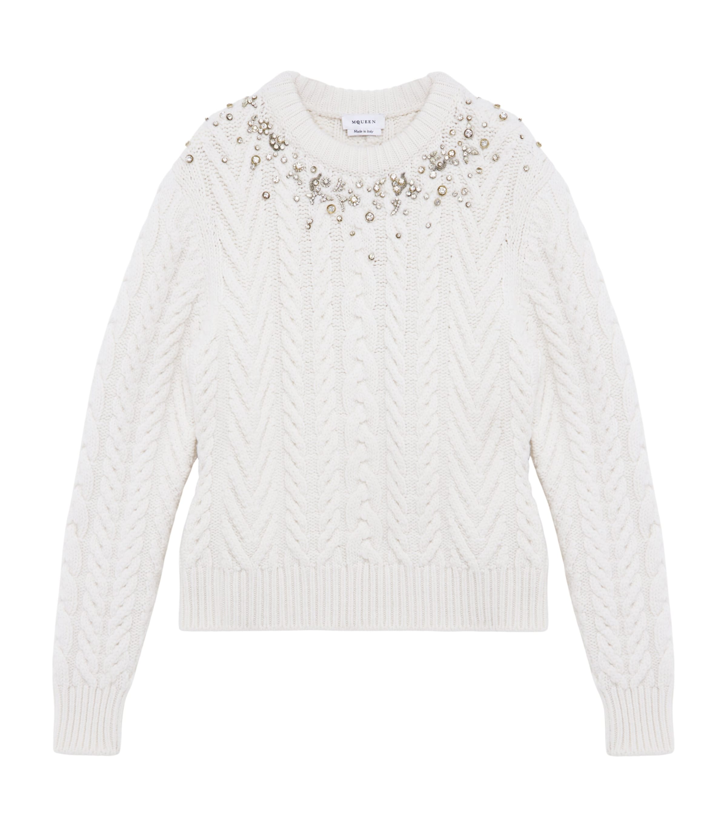 Alexander Mcqueen Crystal-embellished Cable-knit Wool And Cashmere-blend Sweater In White