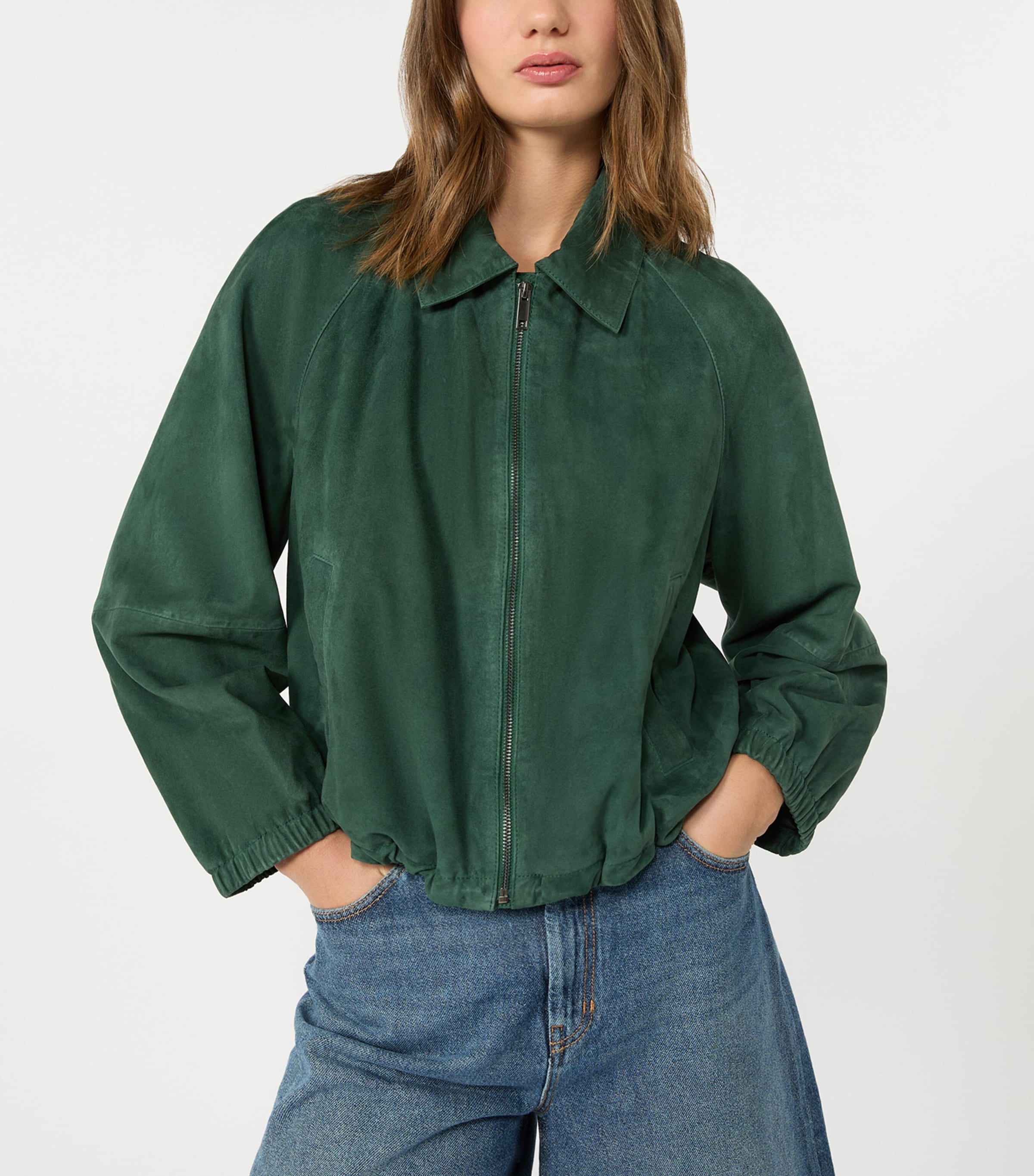 Weekend Max Mara Womens Suede Drawstring Bomber Jacket Dark Green Image 4