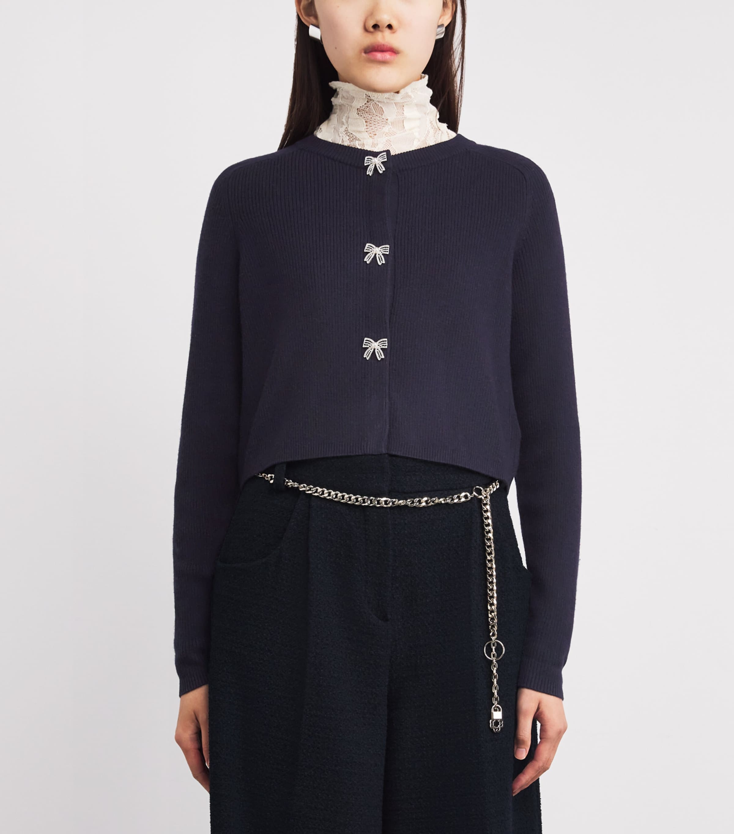 Wool Rib-Knit Bow Cardigan NAVY Image 3