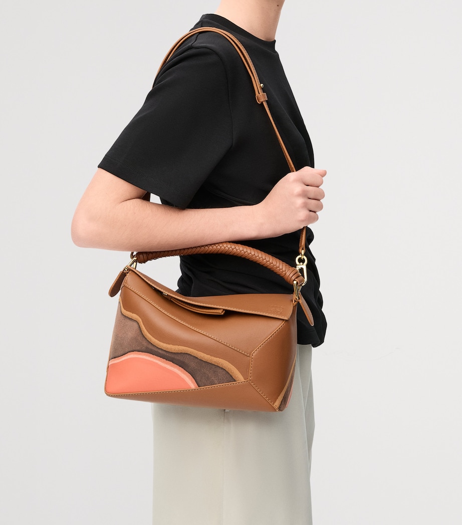 Small Leather Puzzle Edge Landscape Top-Handle Bag PECAN PARROT PINK Image 8