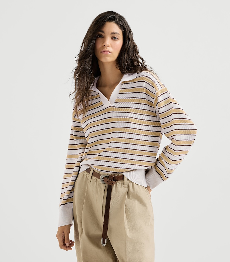 Brunello Cucinelli Womens Cotton-Blend Stripe Polo Sweater Image 3
