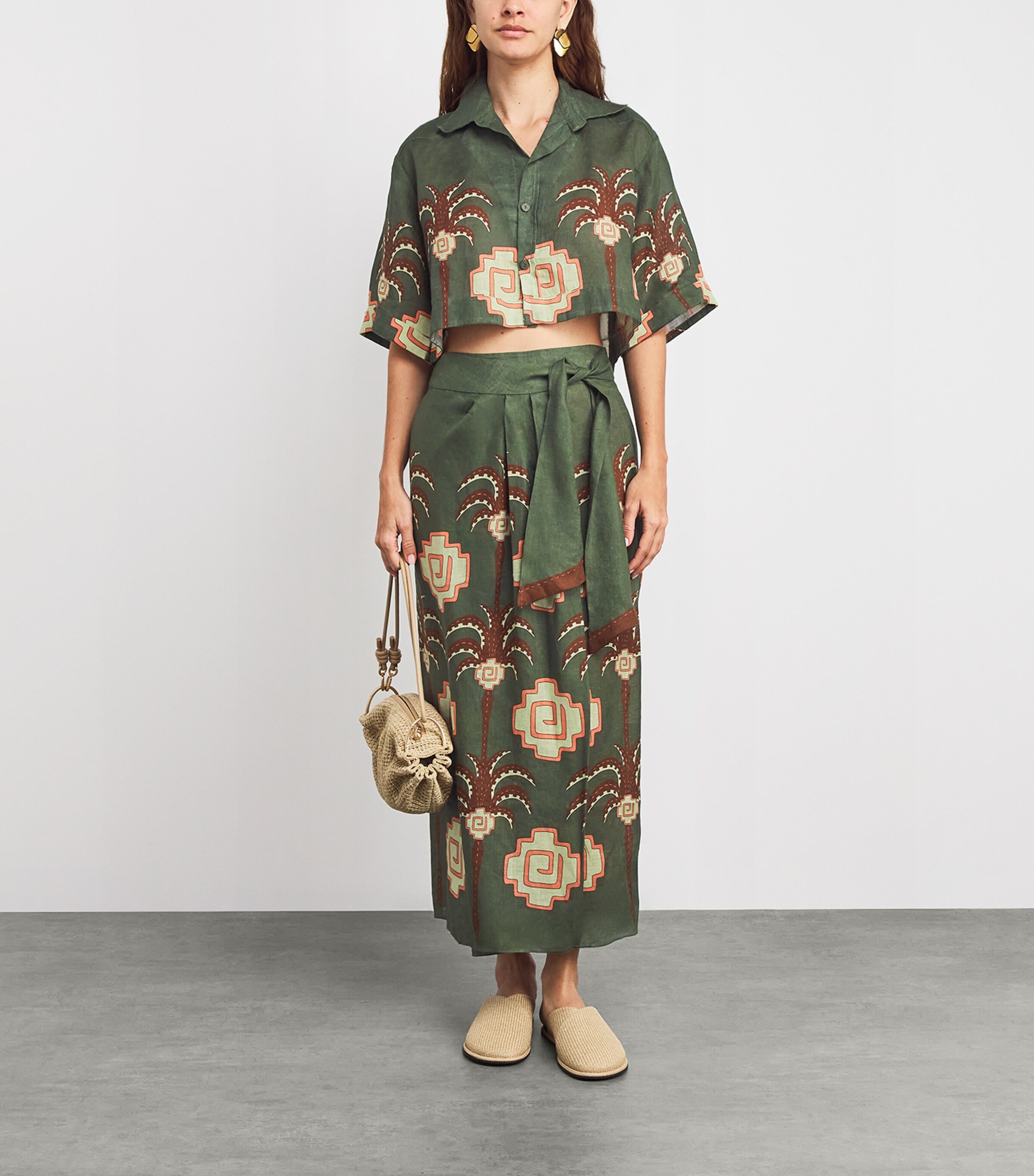 Linen Cropped Cumbi Shirt GREEN/CHOCOLATE/PINK Image 2