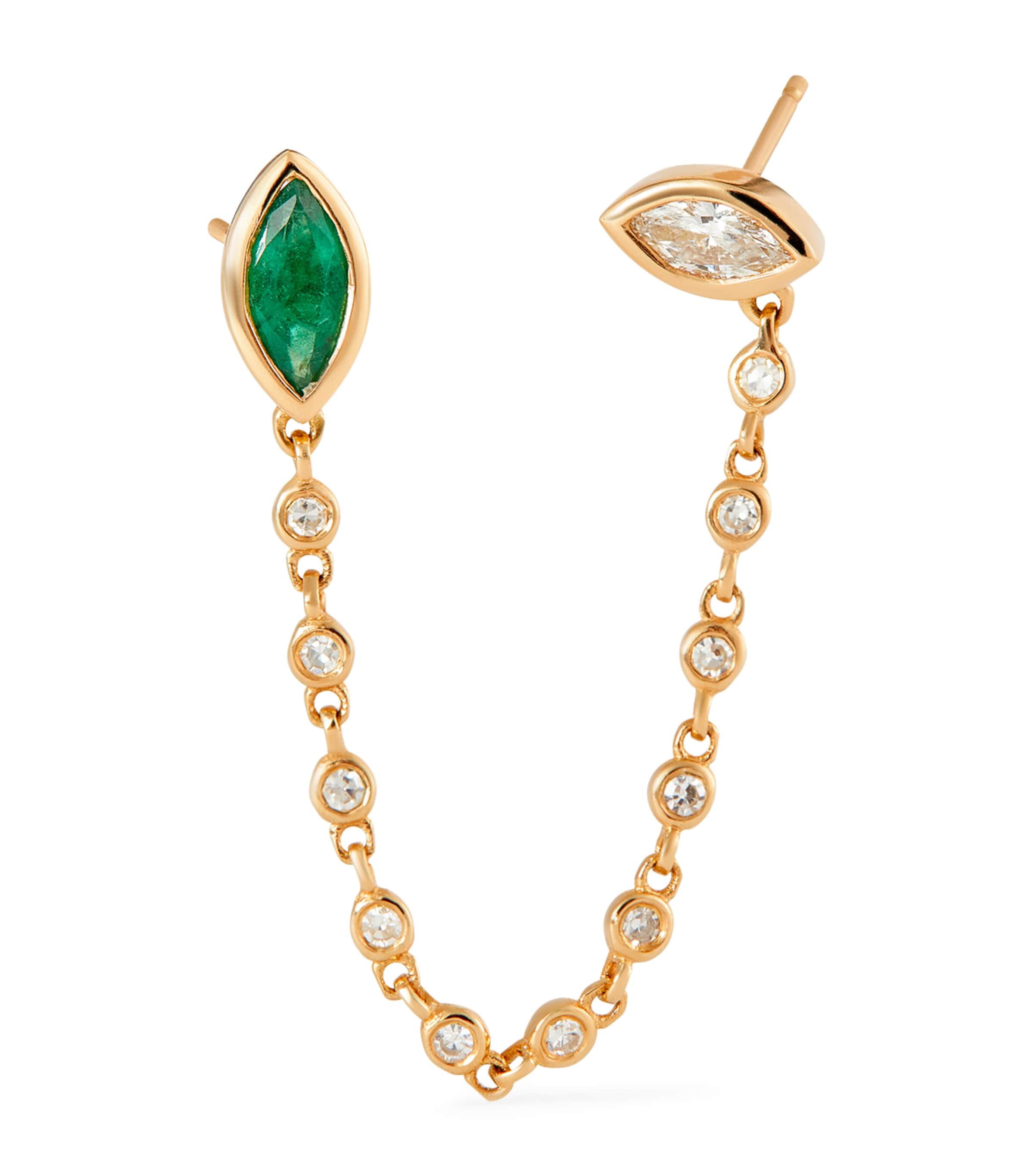 Shay 18k White Gold Duo Chain Diamond And Emerald Single Earring In Gold