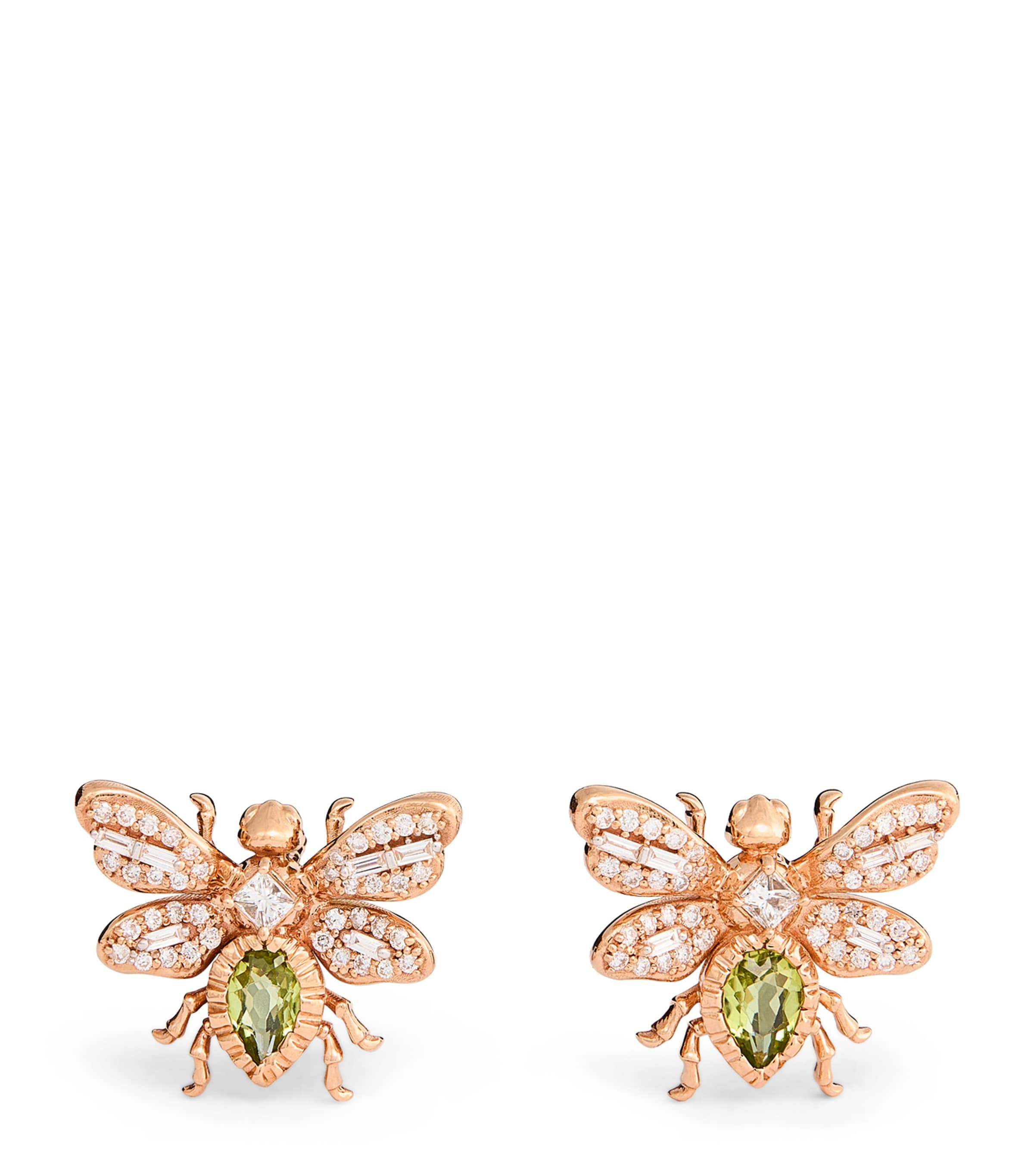 Bee Goddess Rose Gold, Diamond And Peridot Honey Bee Earrings In Rose Gold