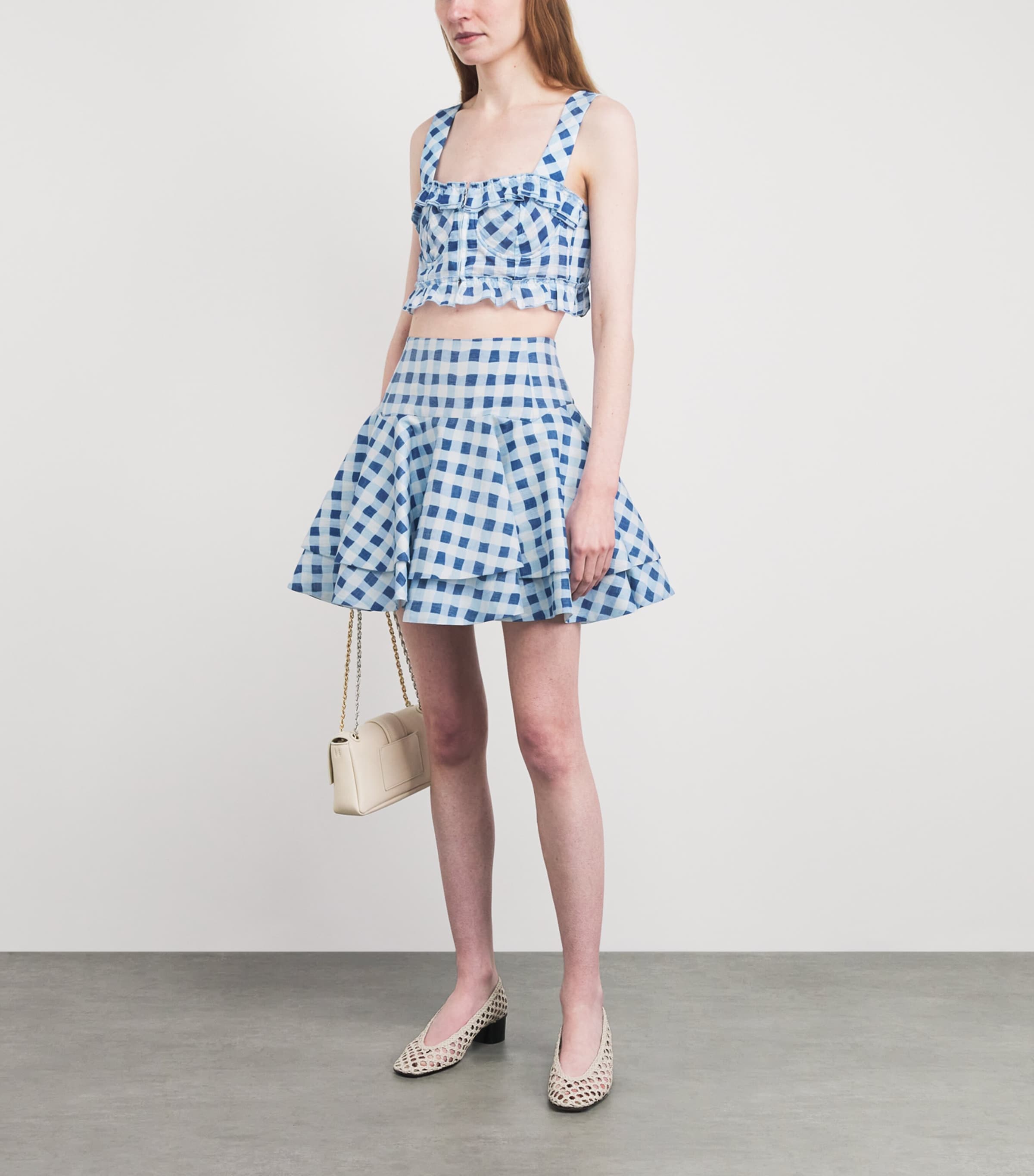 Sandro Paris Womens Linen-Blend Ruffle Mini Skirt Blu / White Image 2