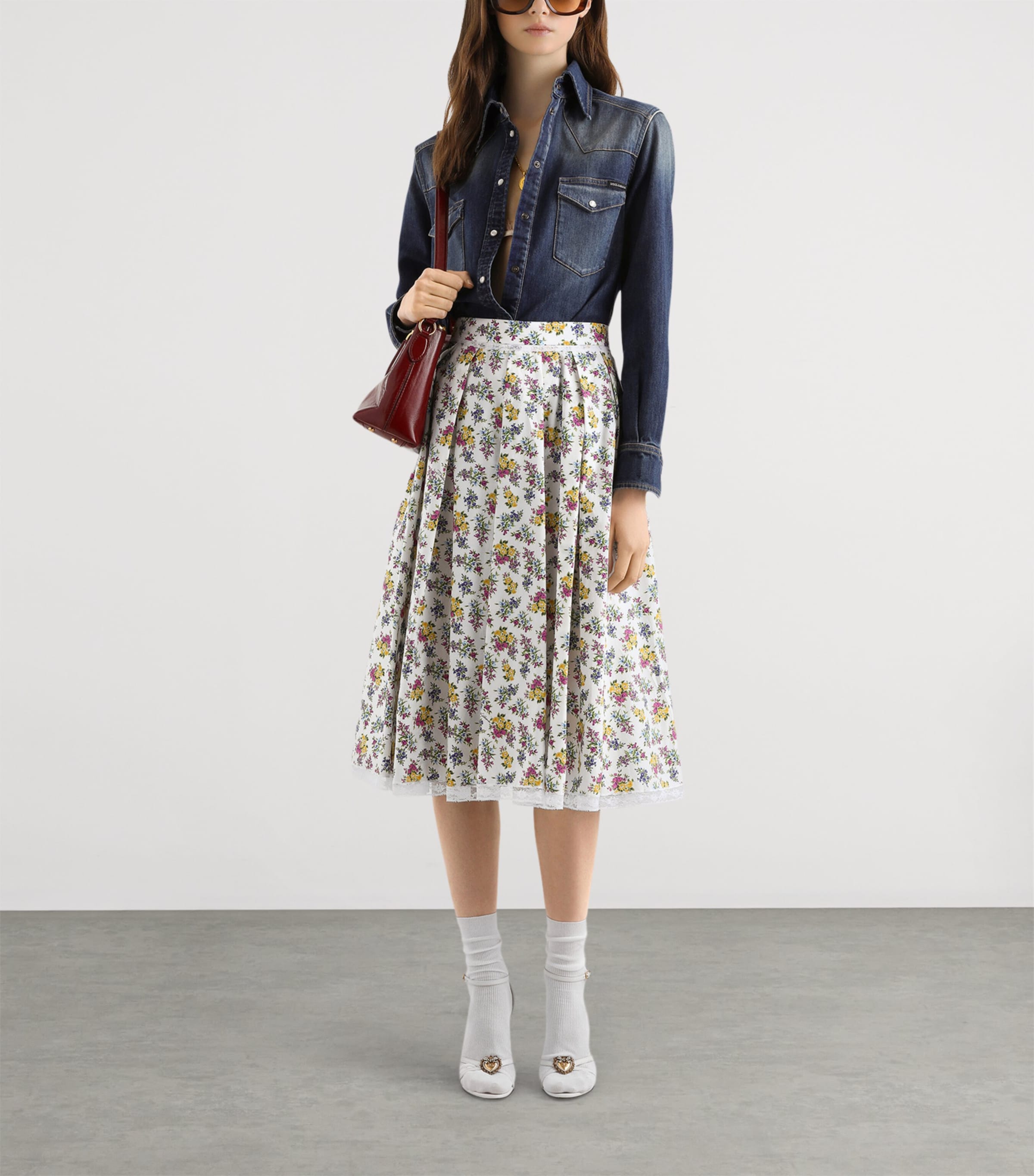Dolce&Gabbana Womens Cotton-Blend Pleated Midi Skirt Fior Image 2