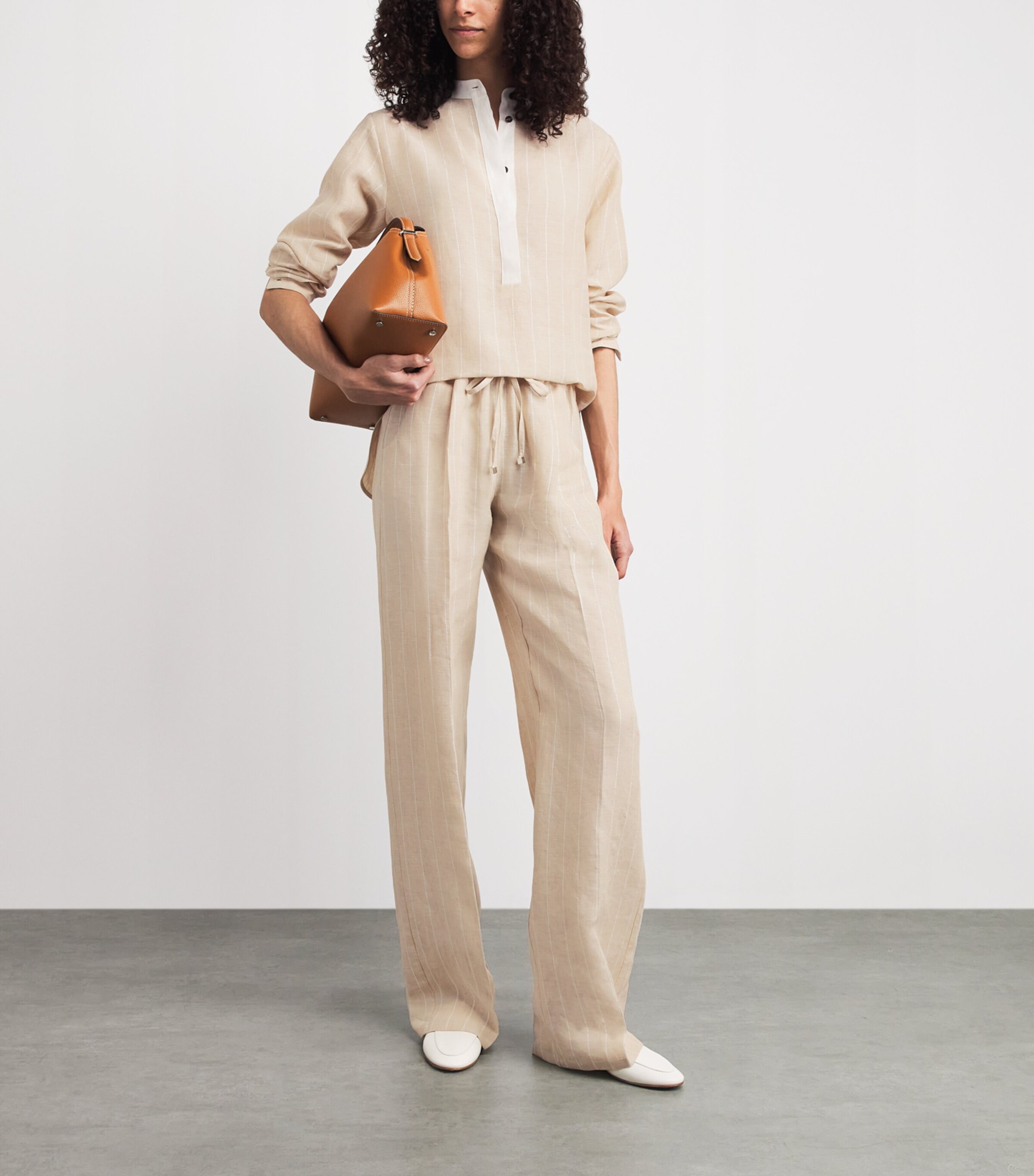 Kiton Womens Linen Stripe Blouse Cream White Image 2