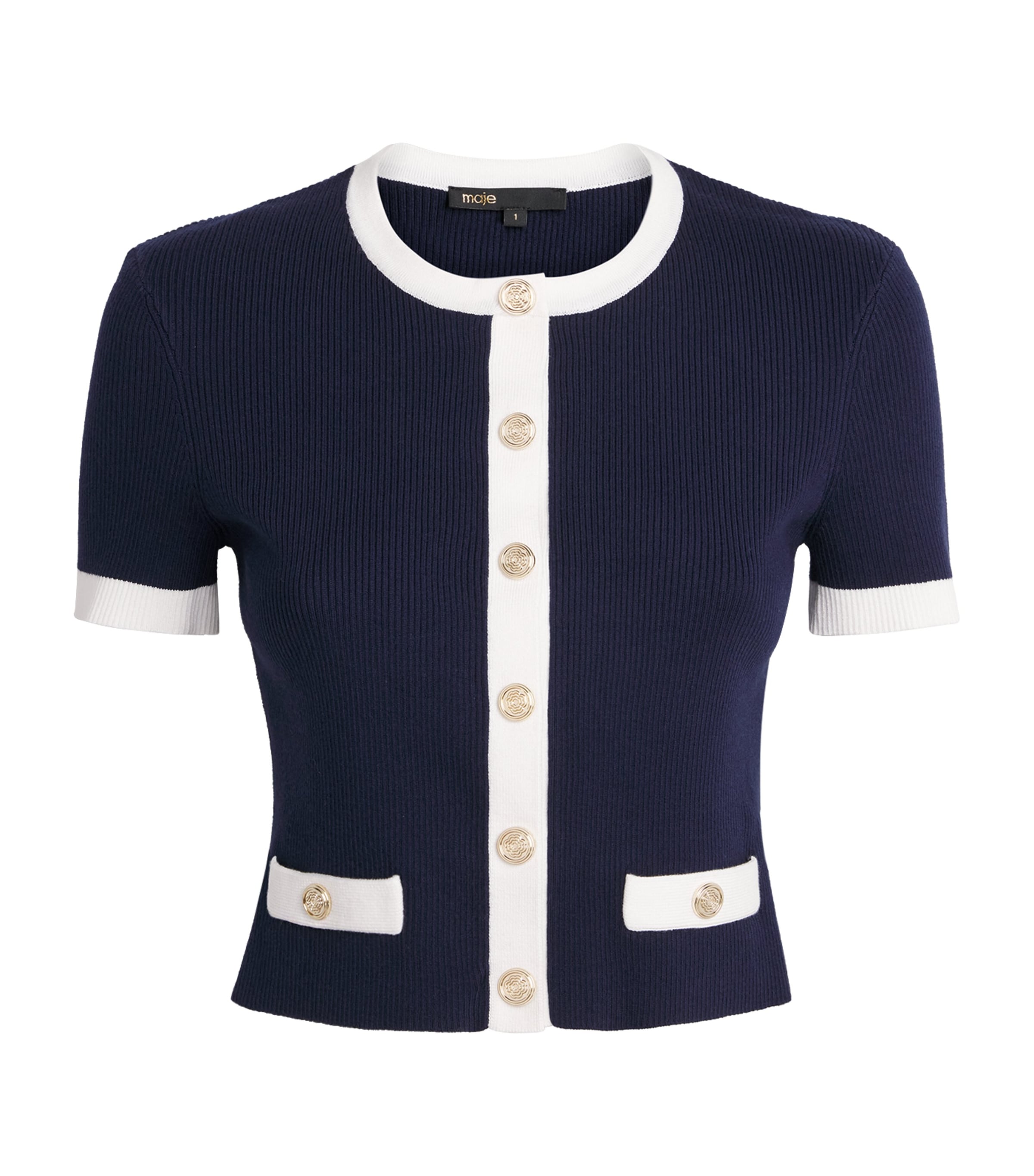 Maje Womens Contrast-Trim Cropped Cardigan Navy / Ecru Image 1