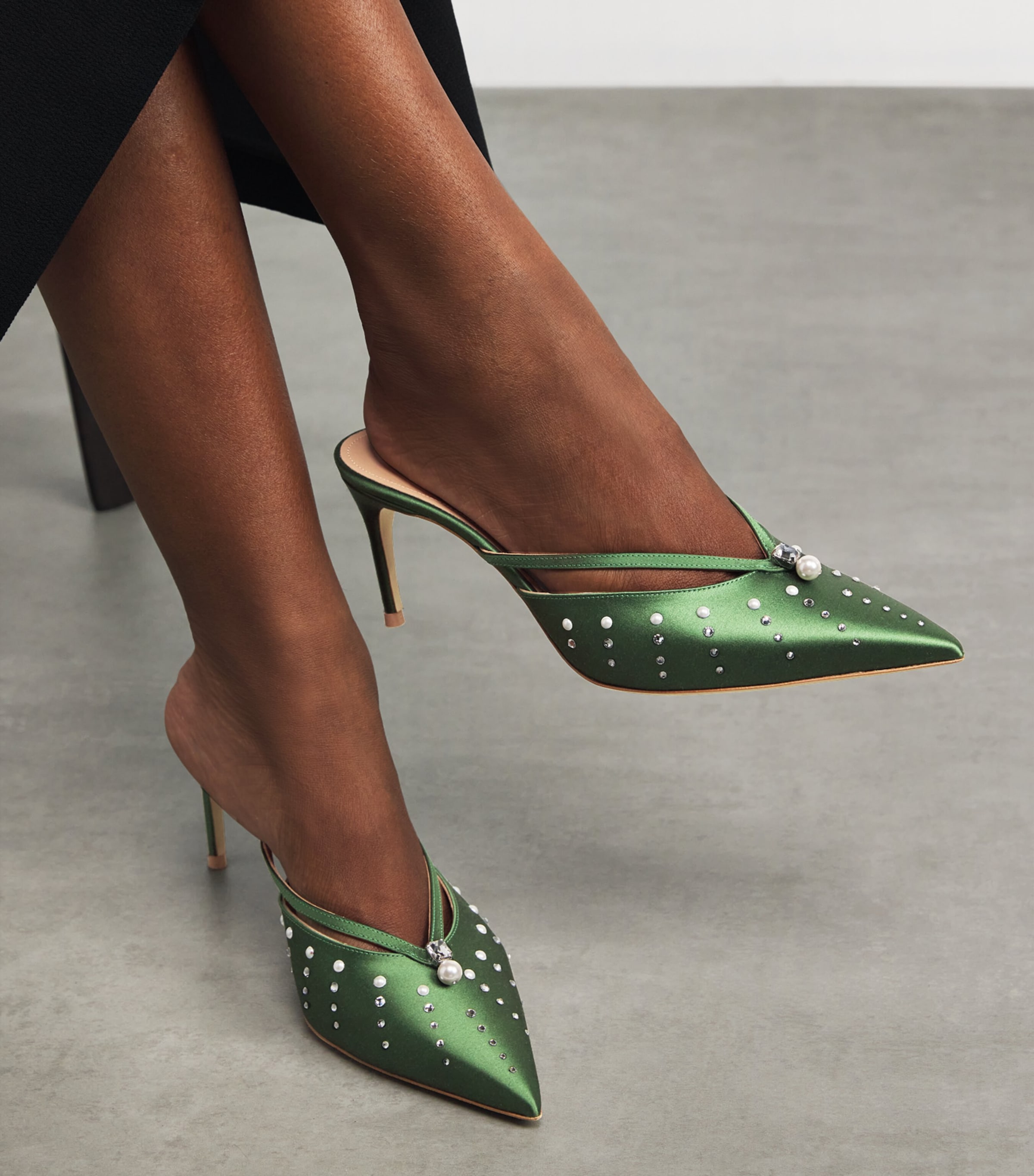 Satin Embellished Marisa Mules HARRODS GREEN Image 2