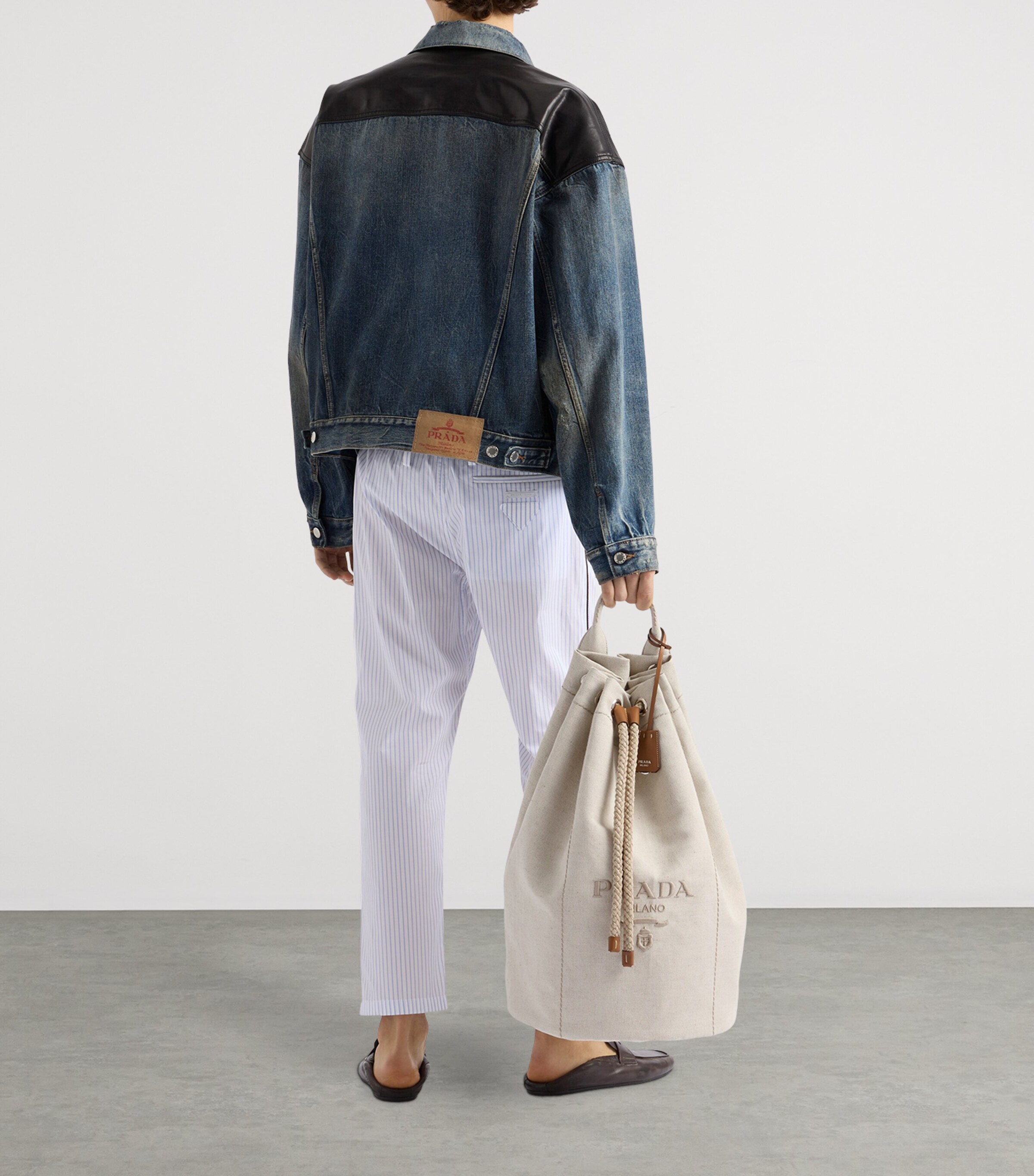 Prada Mens Leather-Detail Denim Jacket Image 5