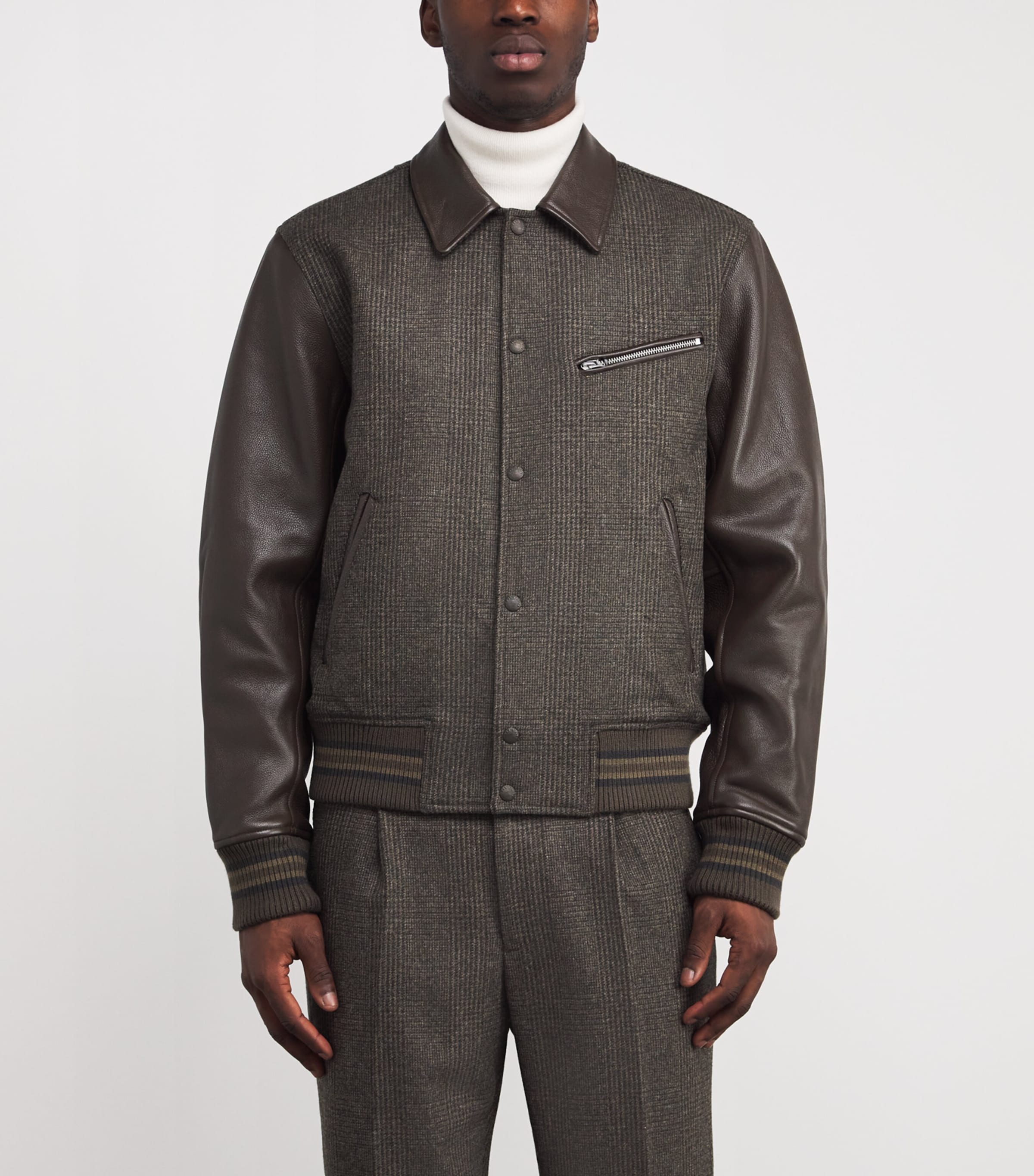 Wool Leather-Trim Bomber Jacket BROWN Image 3