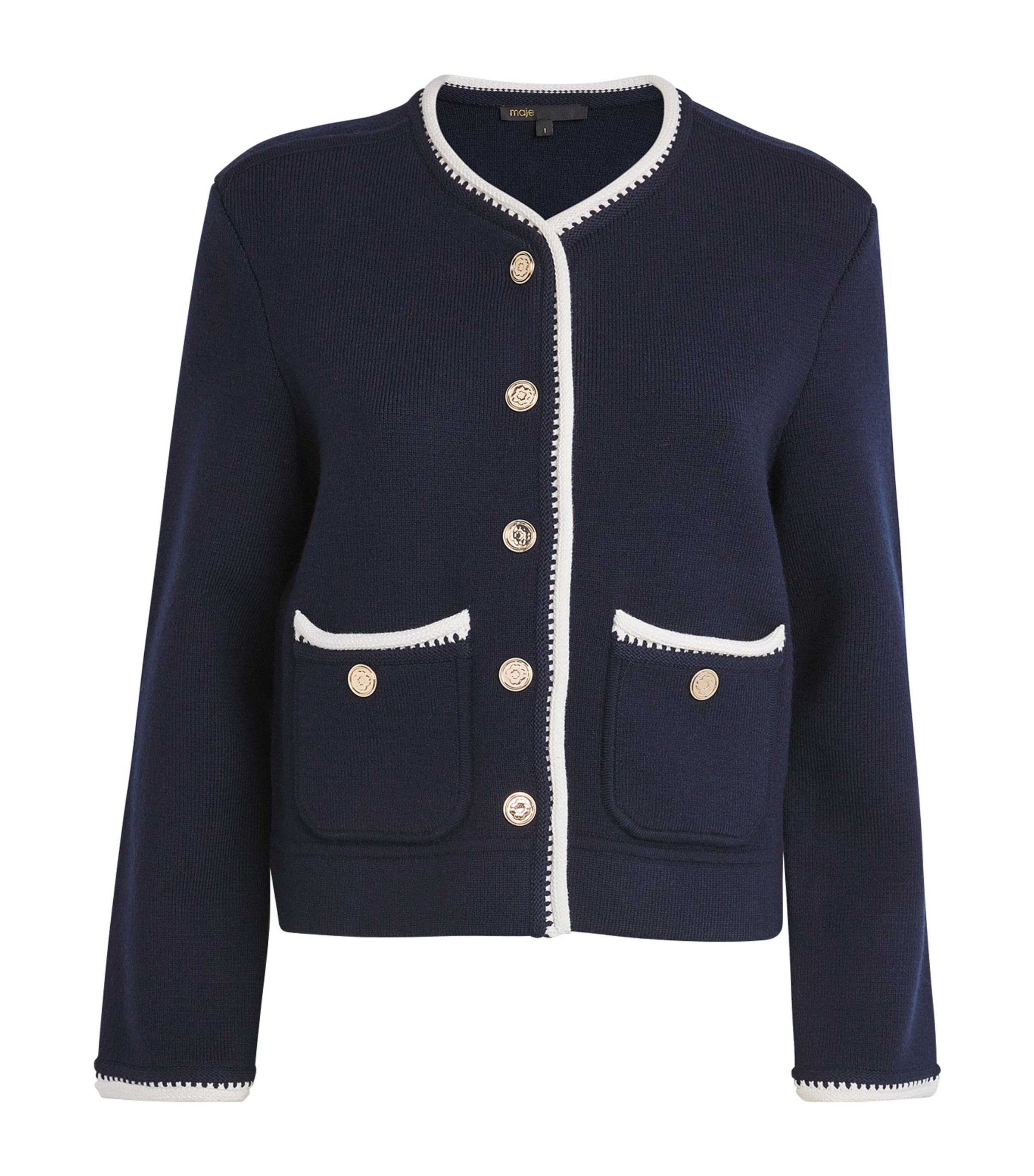 Maje Womens Contrast-trim Wool-blend Cardigan Bleus In Blue