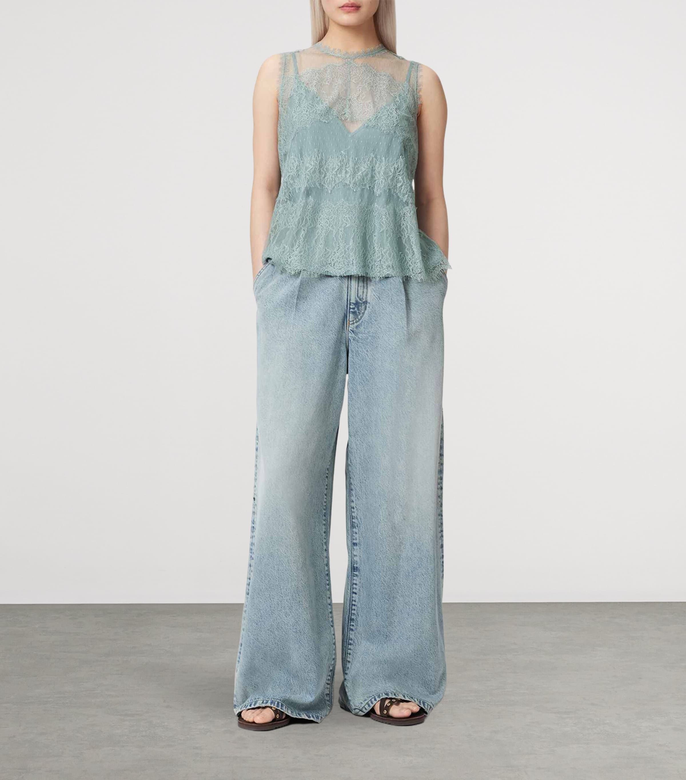 AllSaints Womens Tulle Lace-Trimmed Clara Blouse Dusty Blue Image 5