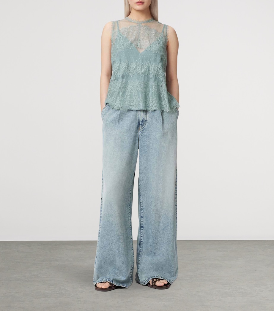 AllSaints Womens Tulle Lace-Trimmed Clara Blouse Dusty Blue Image 5