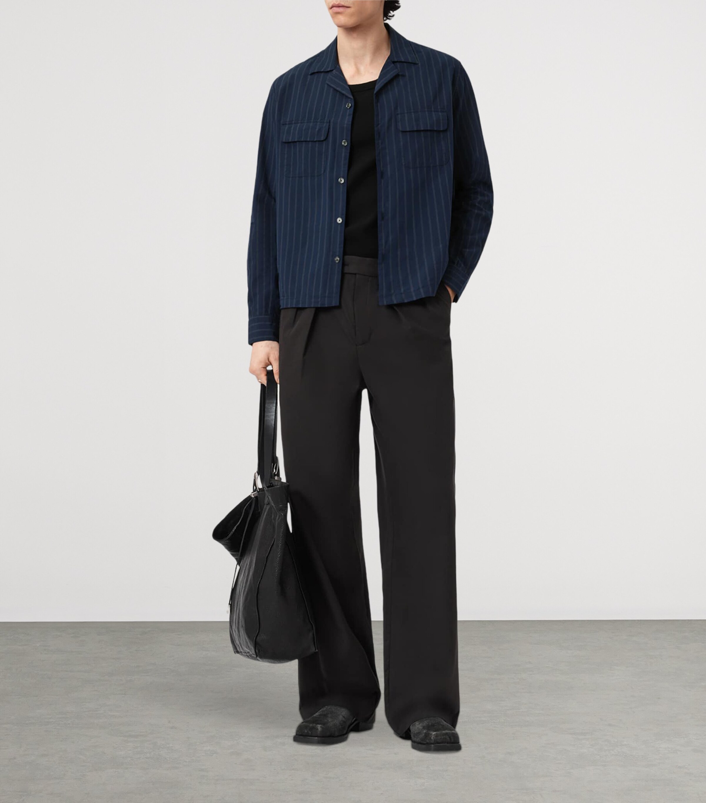 AllSaints Mens Organic Cotton Stripe Stanley Shirt Navy Blue Image 7