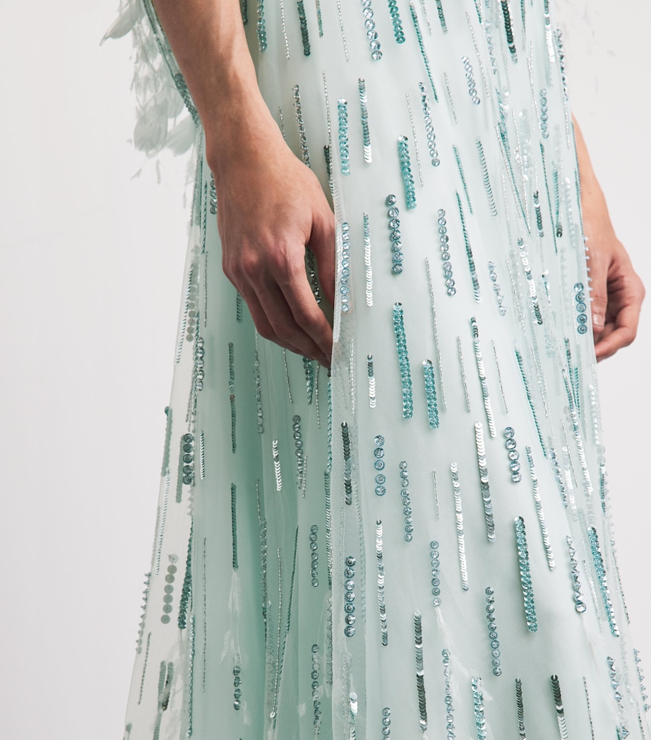 Pamella Roland Womens Feather-Trim Embellished Gown Aqua Image 5