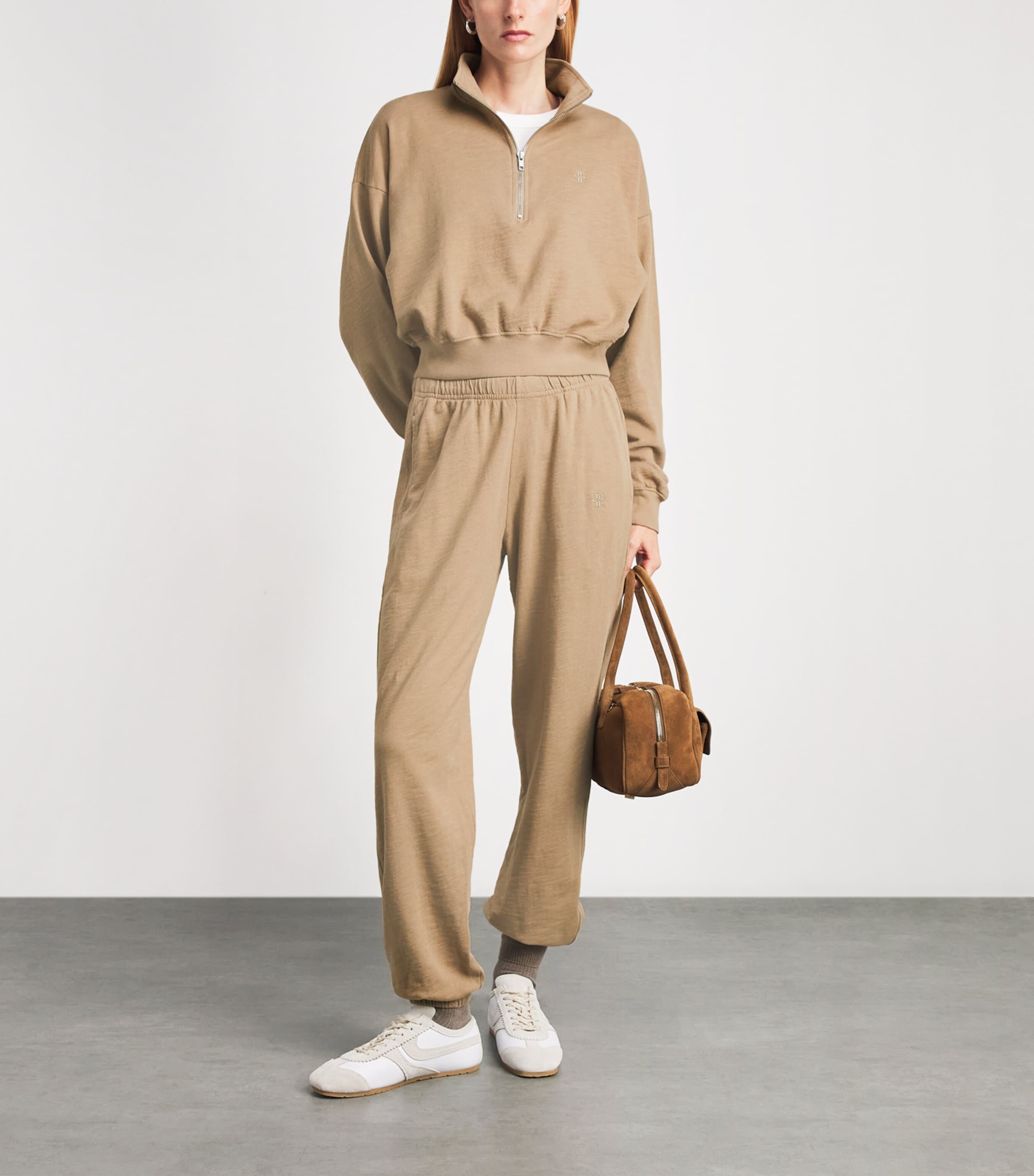 ÉTERNE Womens Cropped Half-Zip Sweatshirt Taupe Image 2