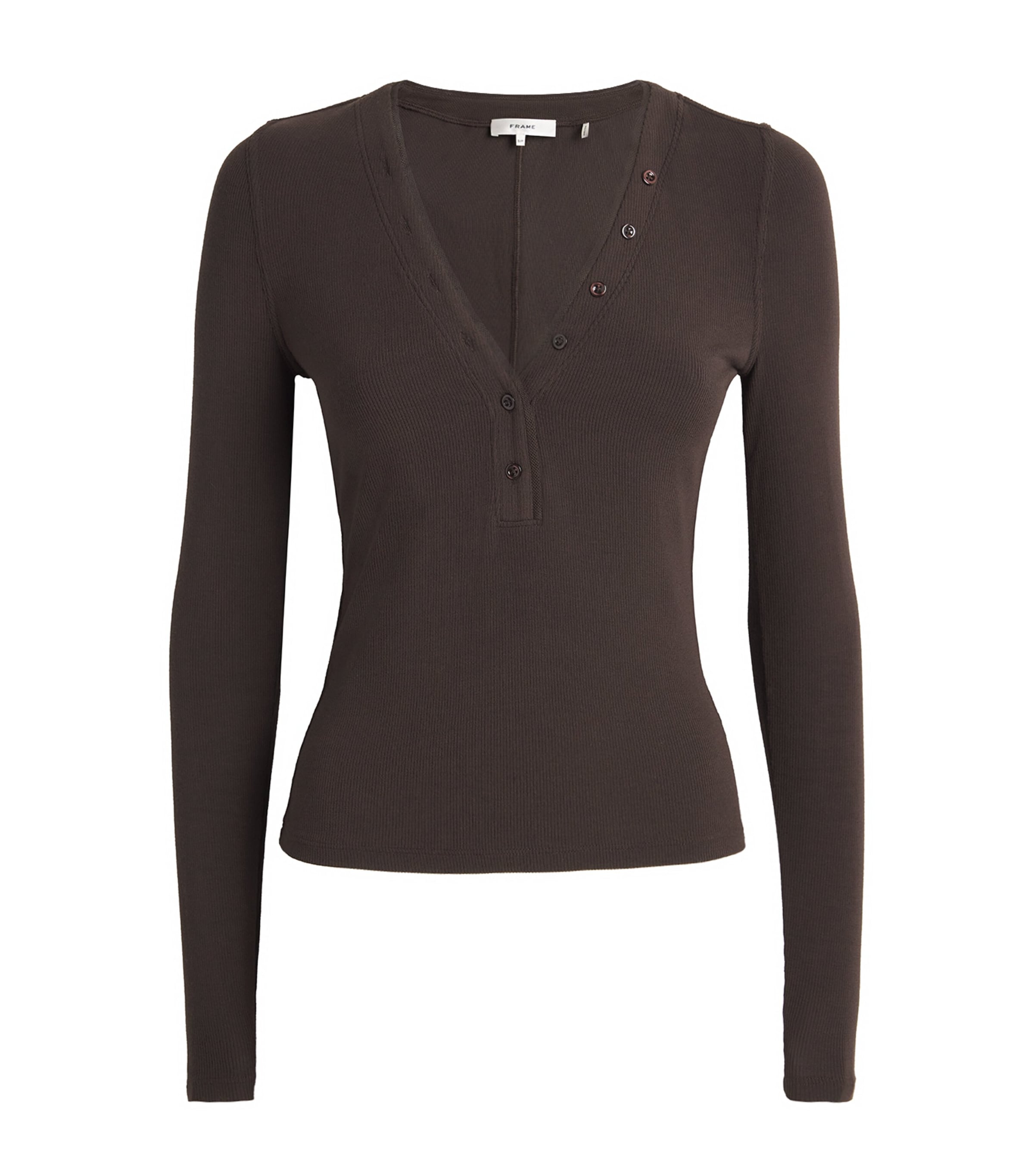 Frame Slinky Long Sleeve Rib Henley Top In Chocolate In Brown