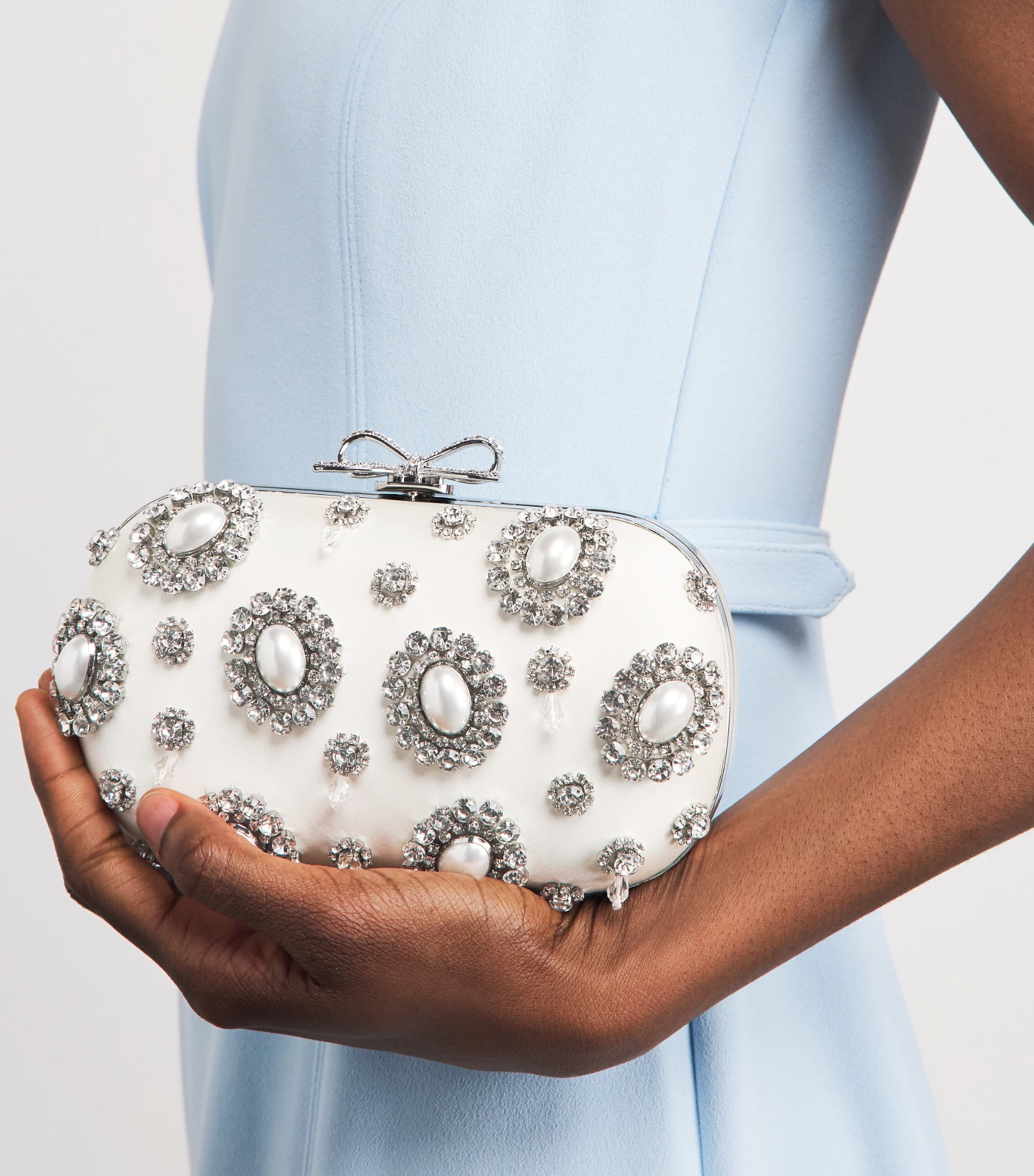 Self-Portrait Satin Crystal Clutch Bag Cream Image 4