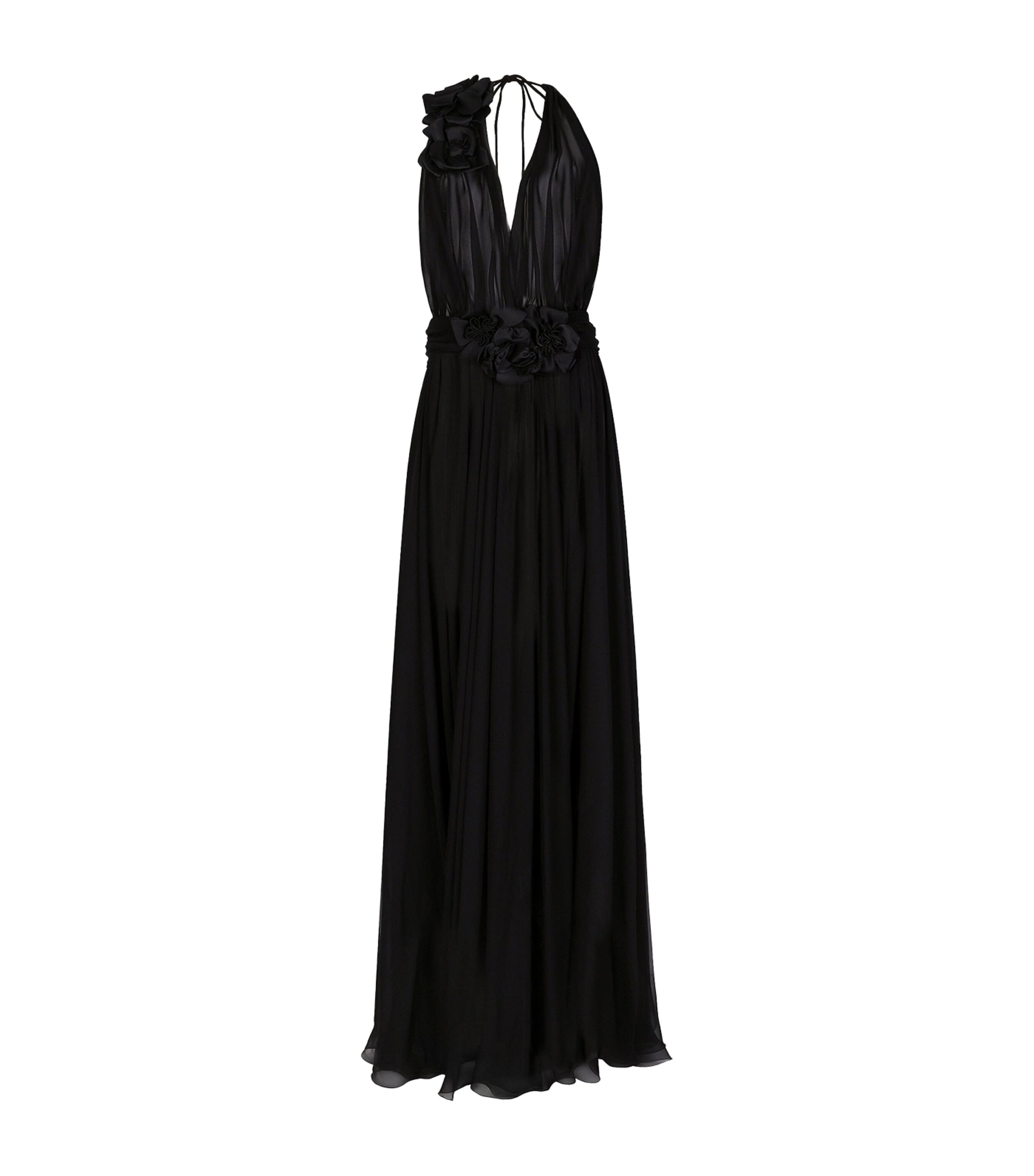 Dolce & Gabbana Silk Rose Halterneck Gown In Black