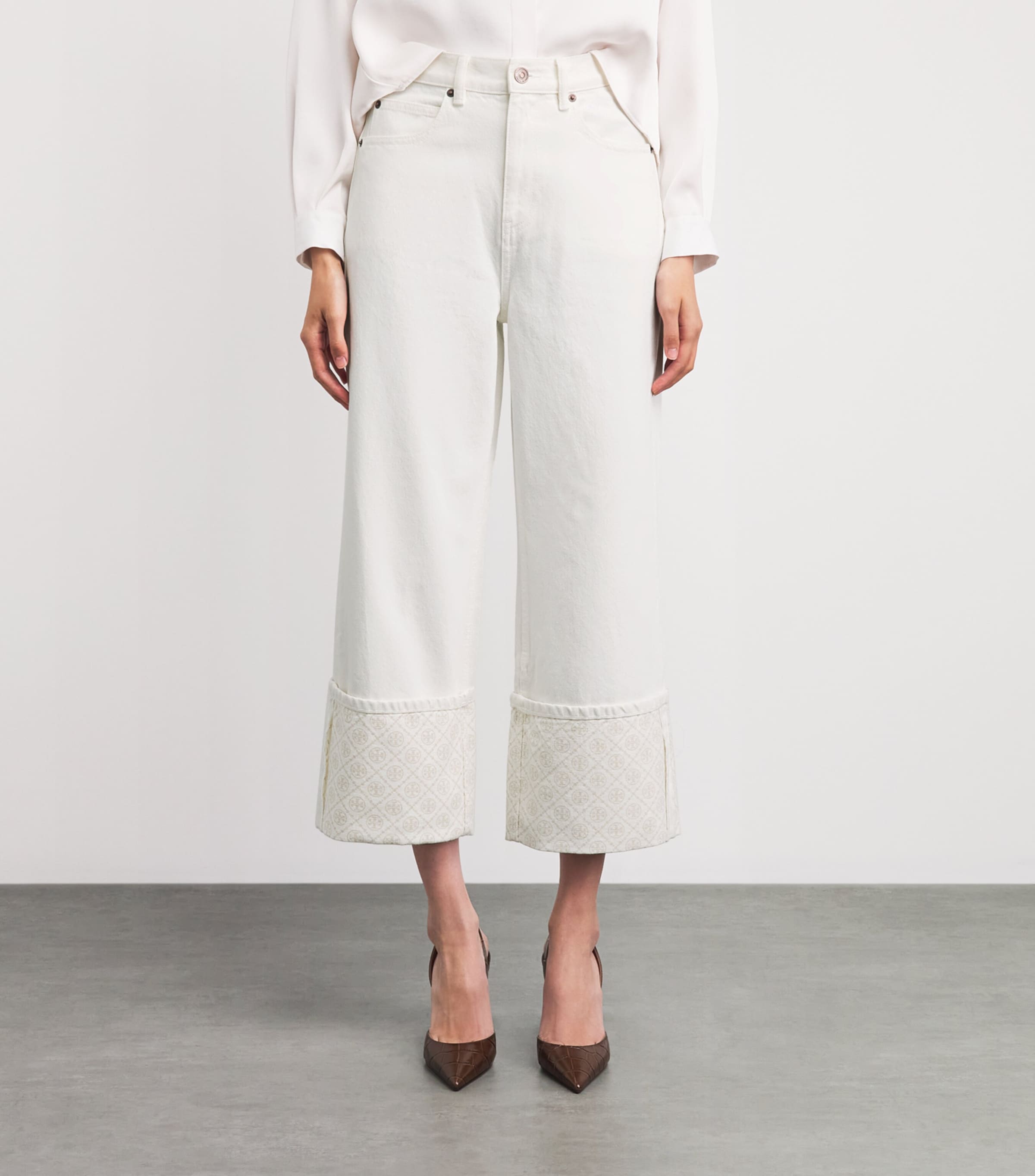 Tory Burch Womens Contrast-Cuff Cropped Straight Jeans White Image 4