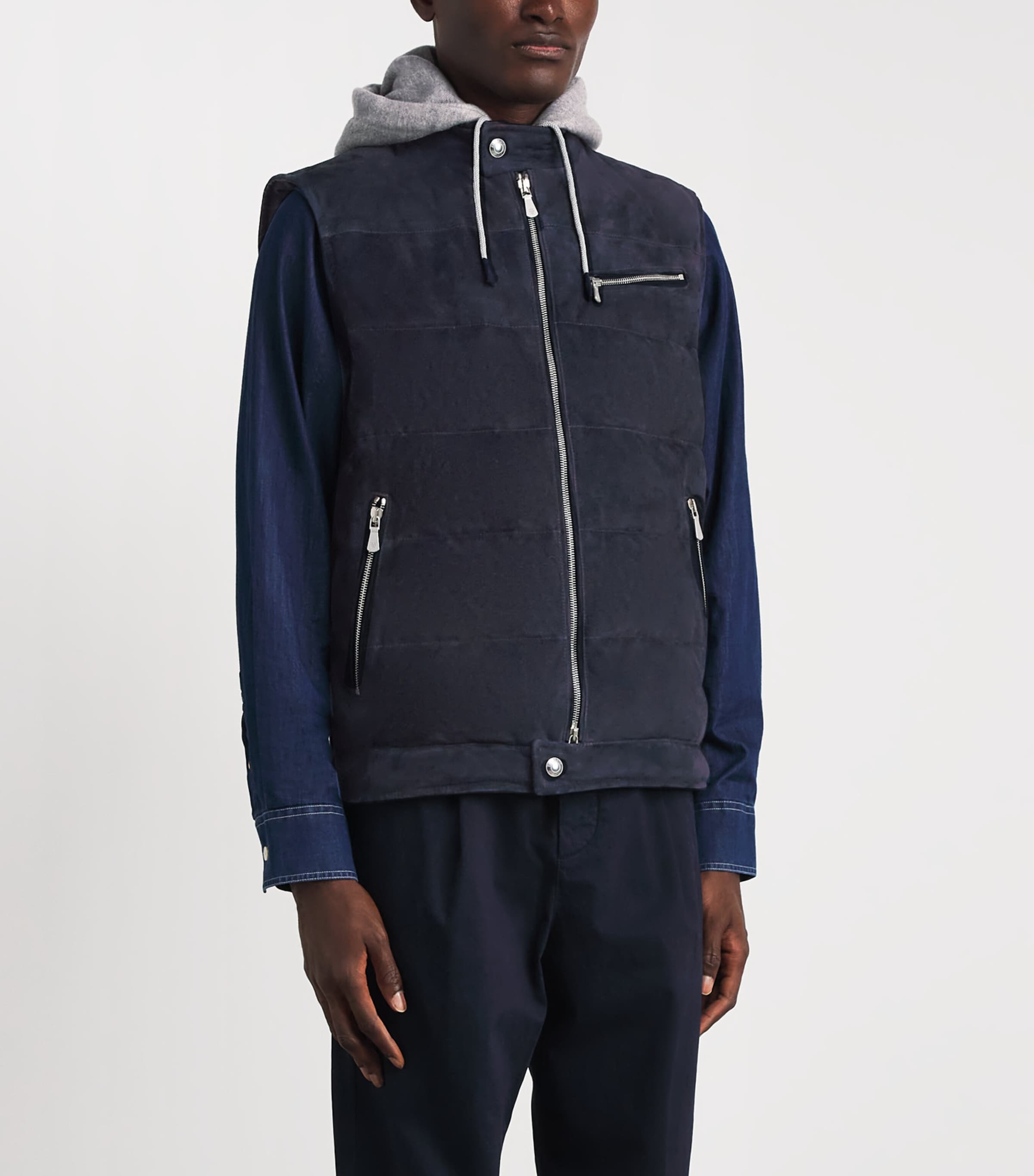 Eleventy Mens Down-Filled Suede Gilet Blu E Grigio Chiaro Image 4