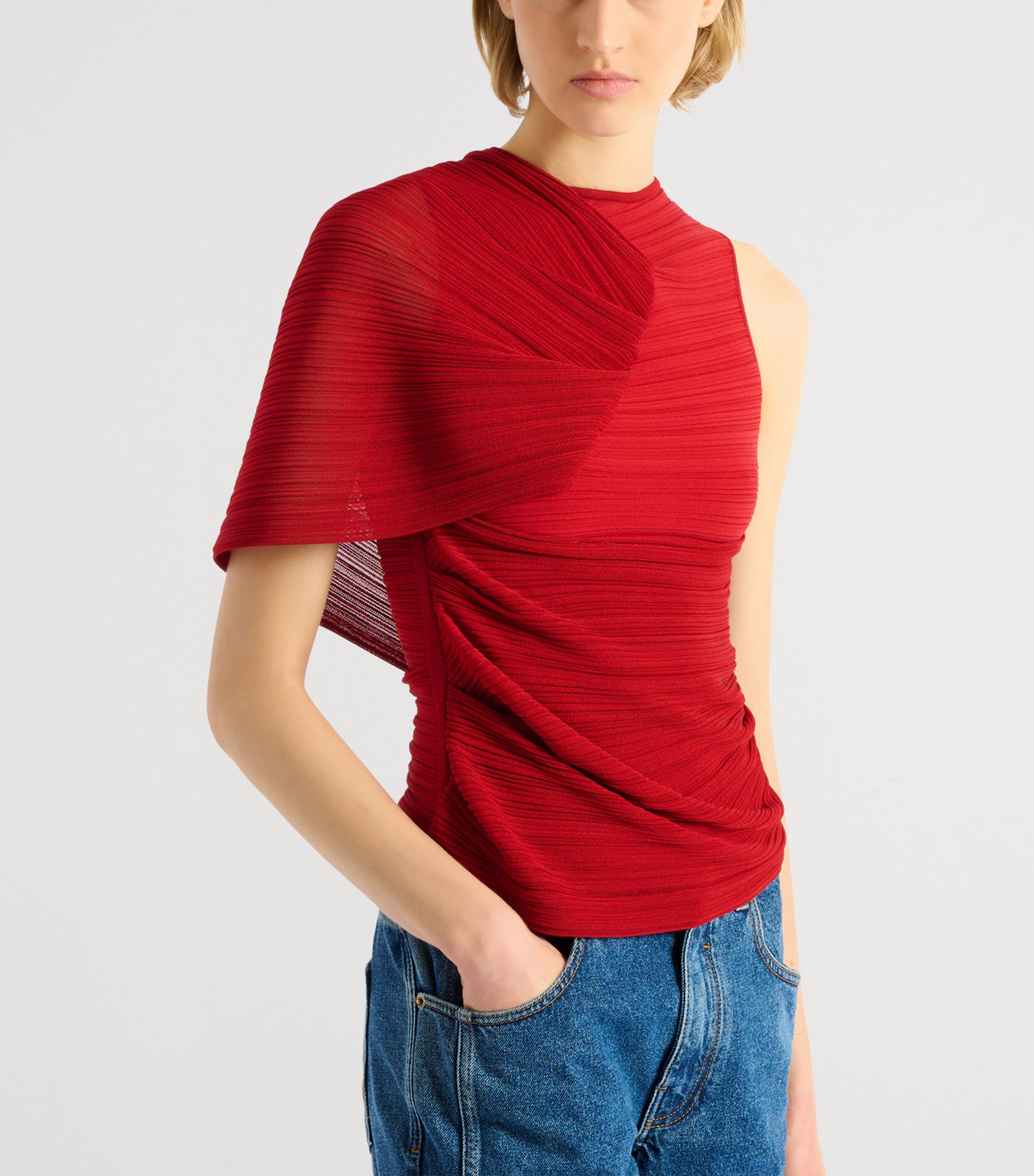 Balmain Womens Ruched Asymmetrical Top Rouge Carmin Image 3
