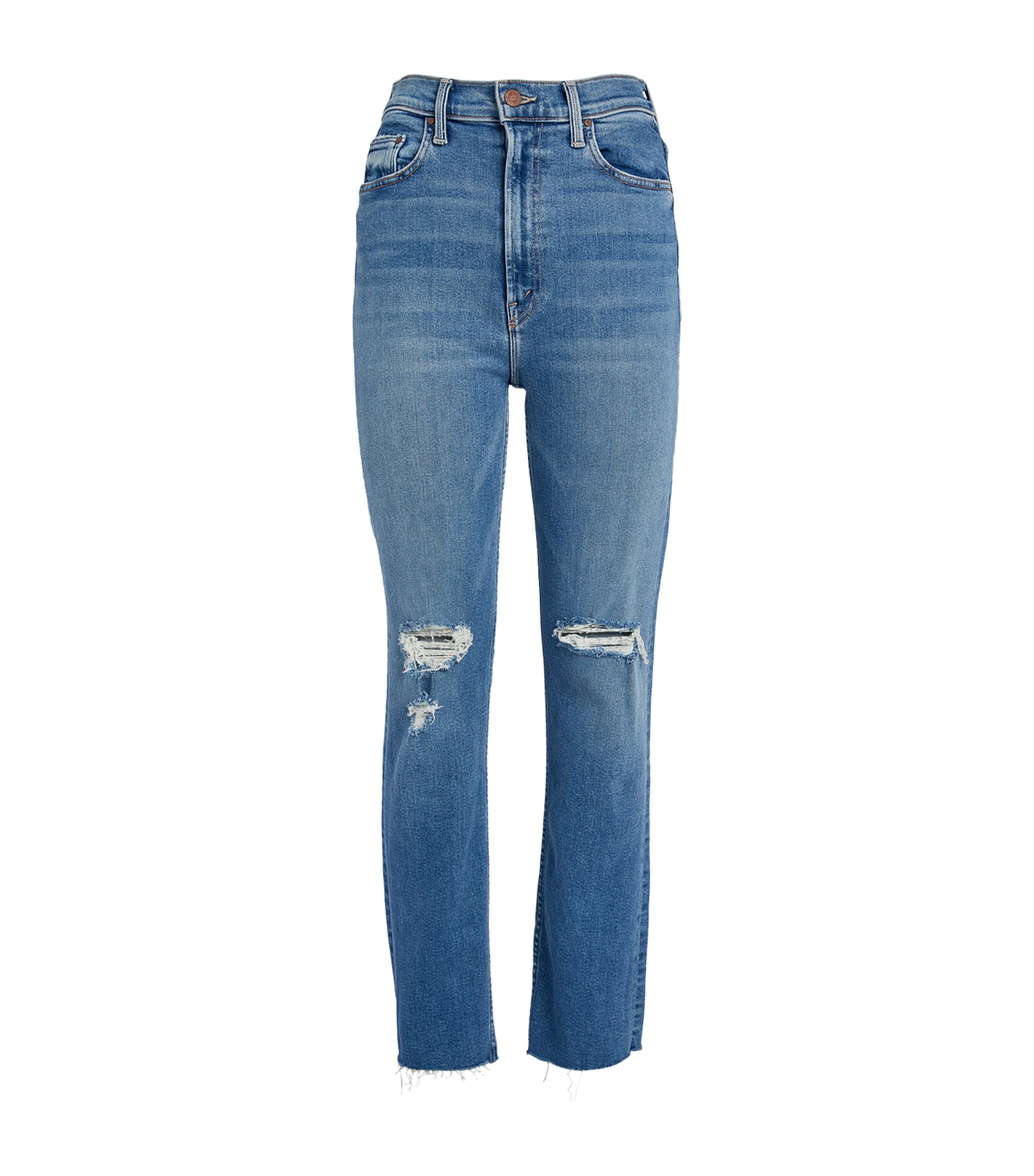 Mother Distressed Rider Straight High Waist Jeans In Blue