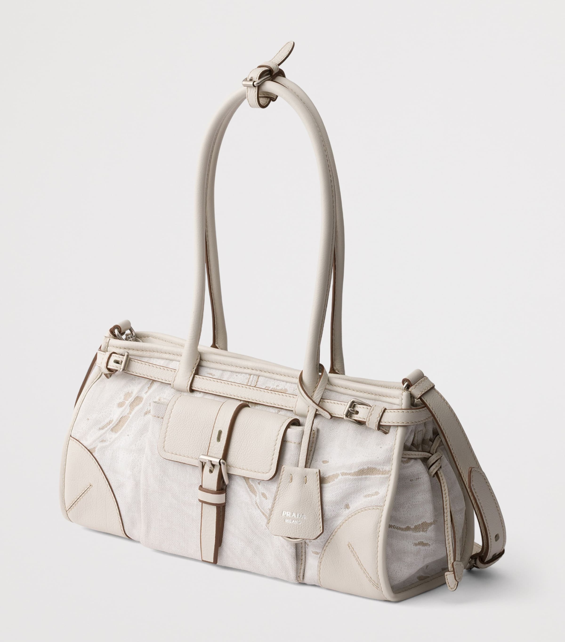 Prada Womens Medium Linen Bonnie Shoulder Bag White Image 2