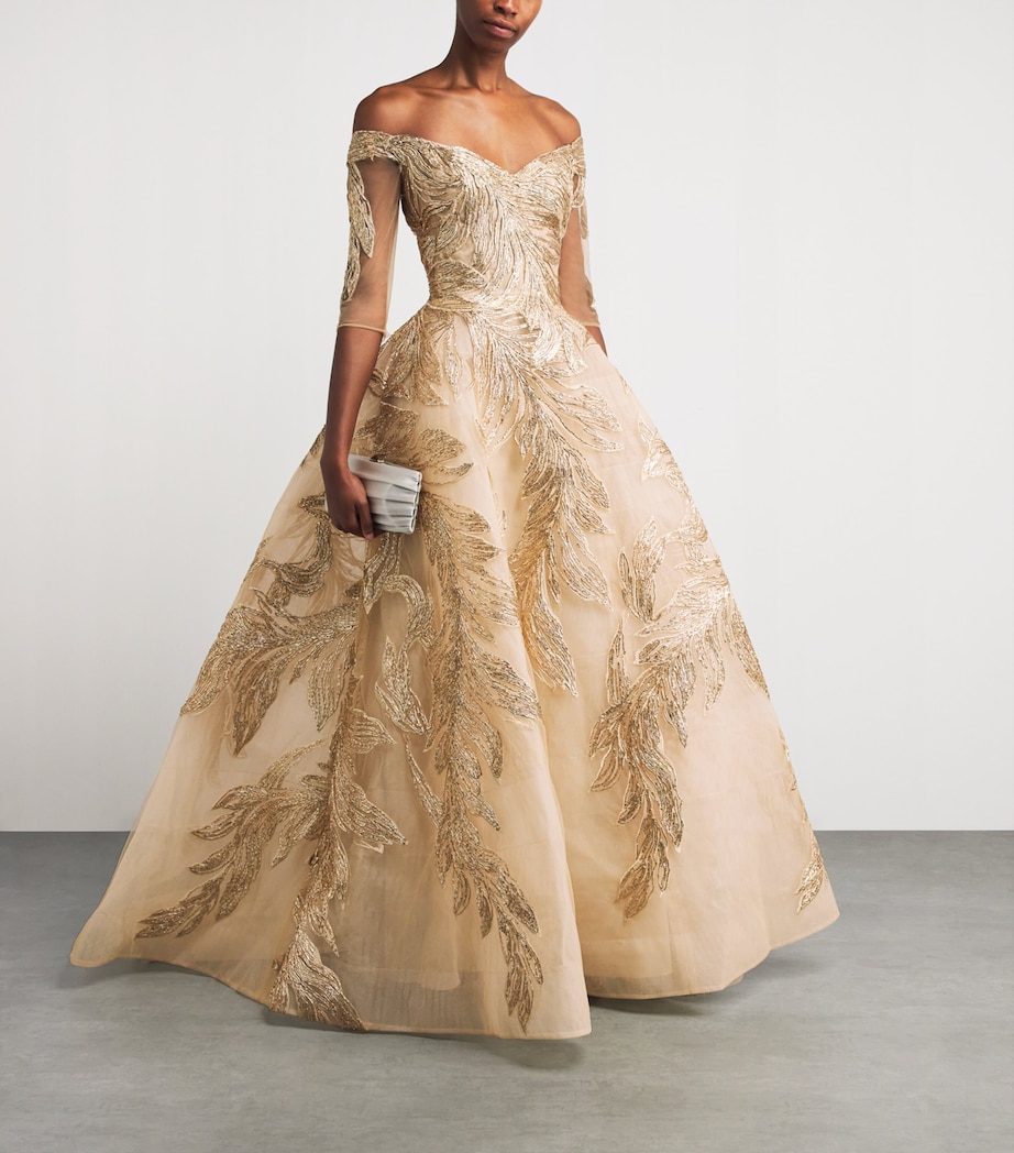 Tulle Feather-Embroidered Gown GOLD Image 2
