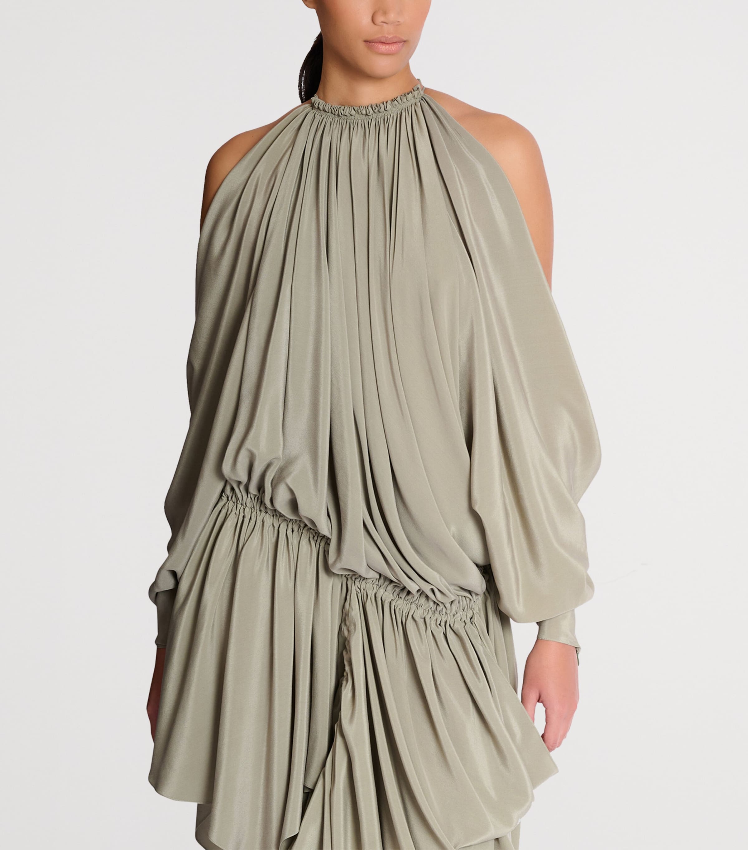 Balmain Womens Silk Crepe Draped Mini Dress Vert Laurier Image 6