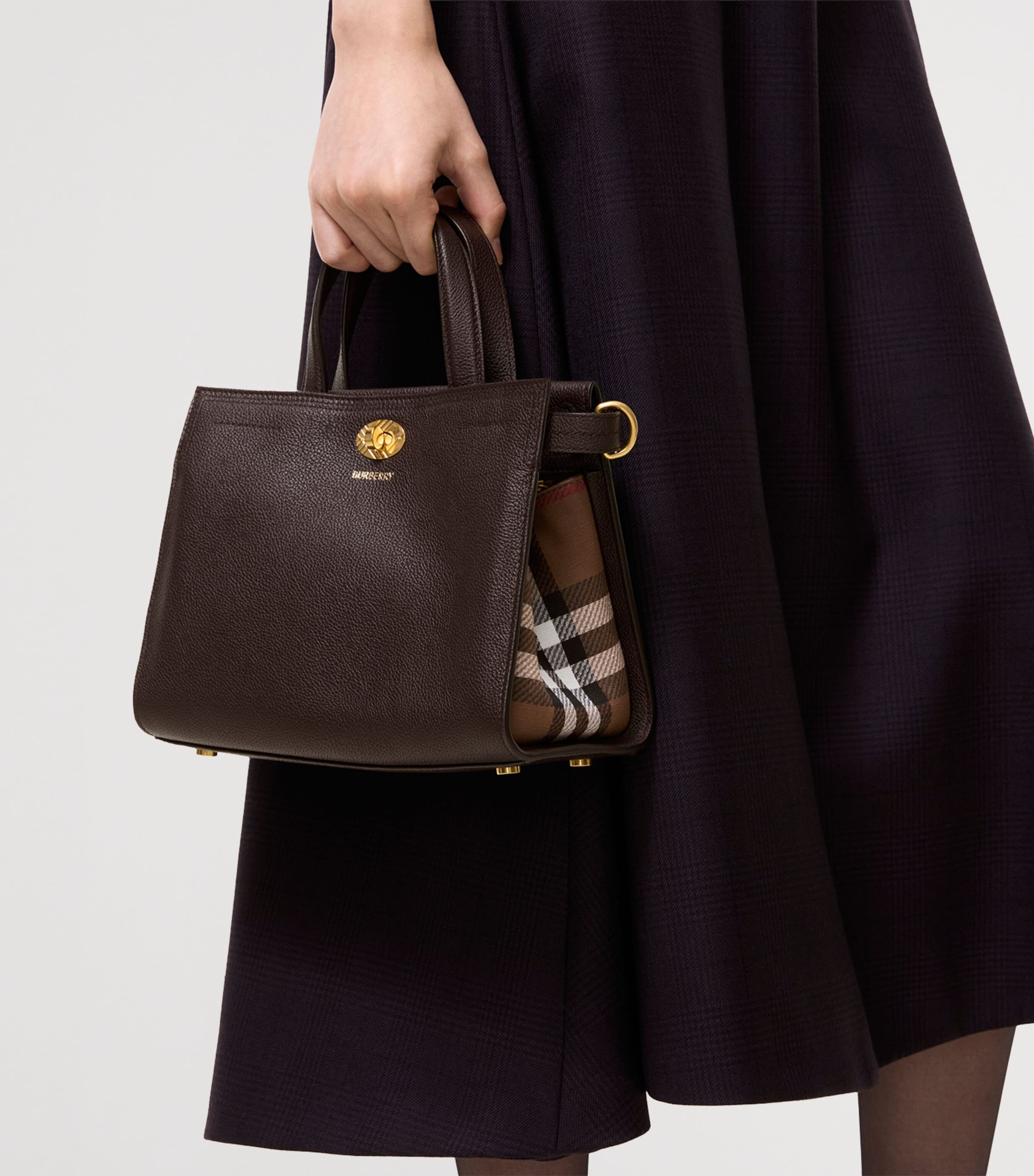 Burberry Mini Leather Cotswolds Check Tote Bag Chocolate Brown Image 2