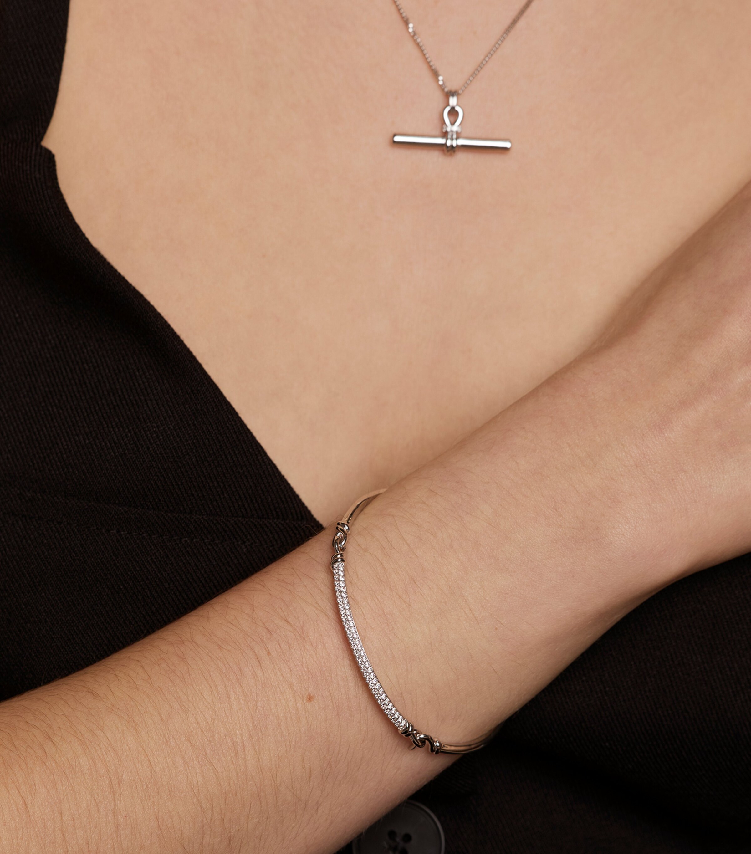 Astrid & Miyu Rhodium-Plated Pavé Knot Bangle Silver Image 2