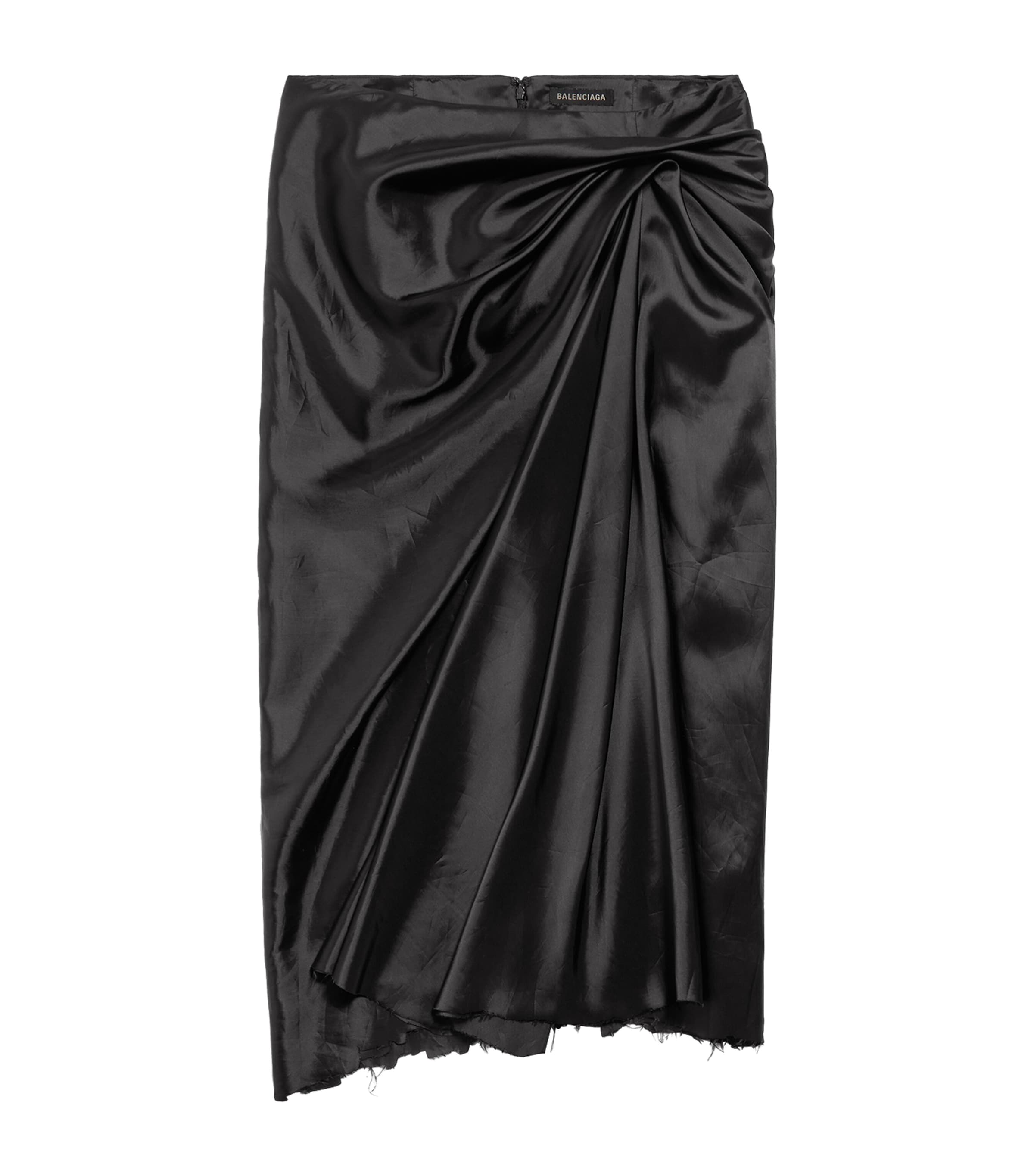 Balenciaga Asymmetric Frayed Gathered Draped Satin Midi Skirt In Black