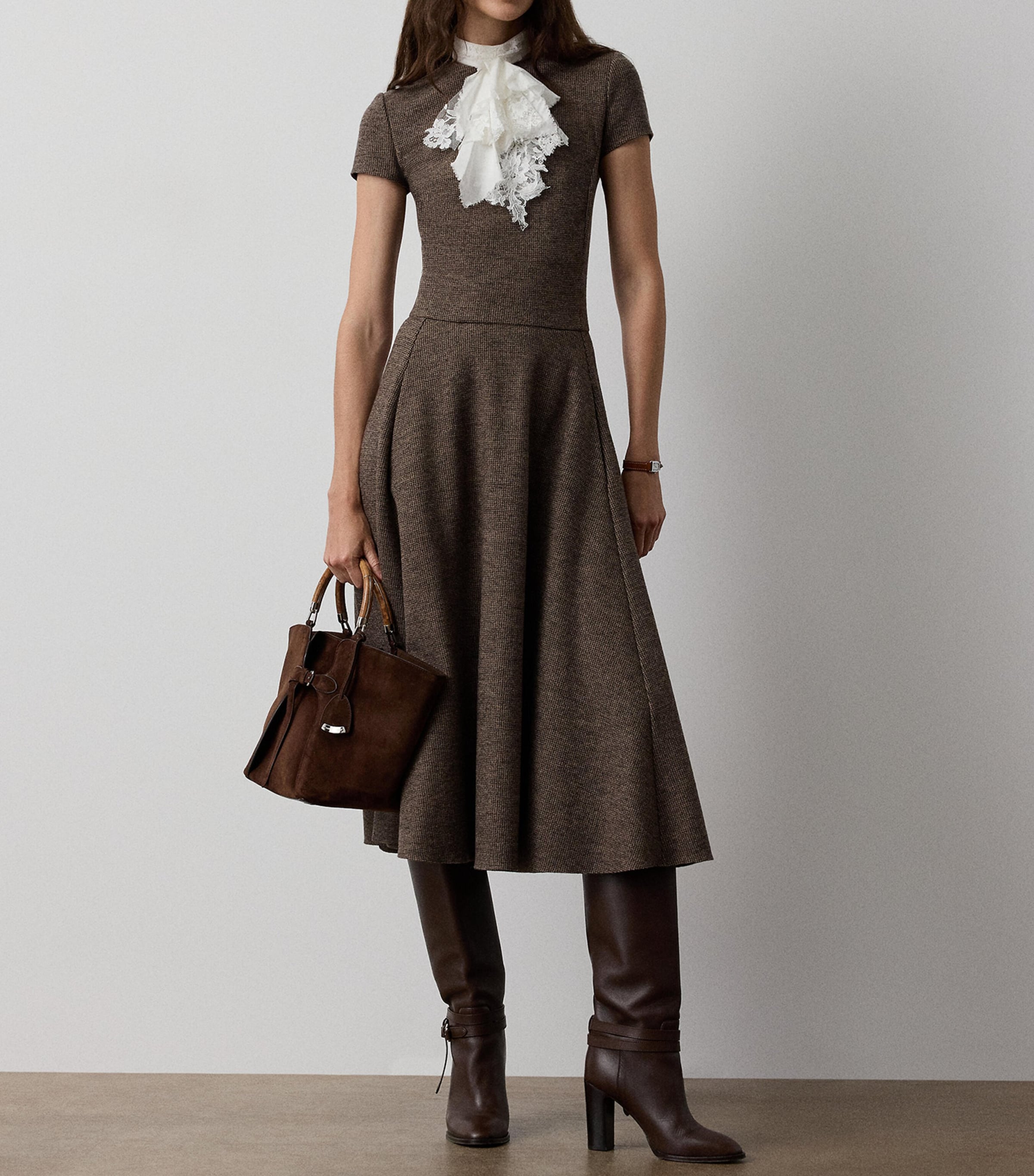 Wool Tick-Weave Margaret Midi Dress DARK BROWN/CAMEL Image 6