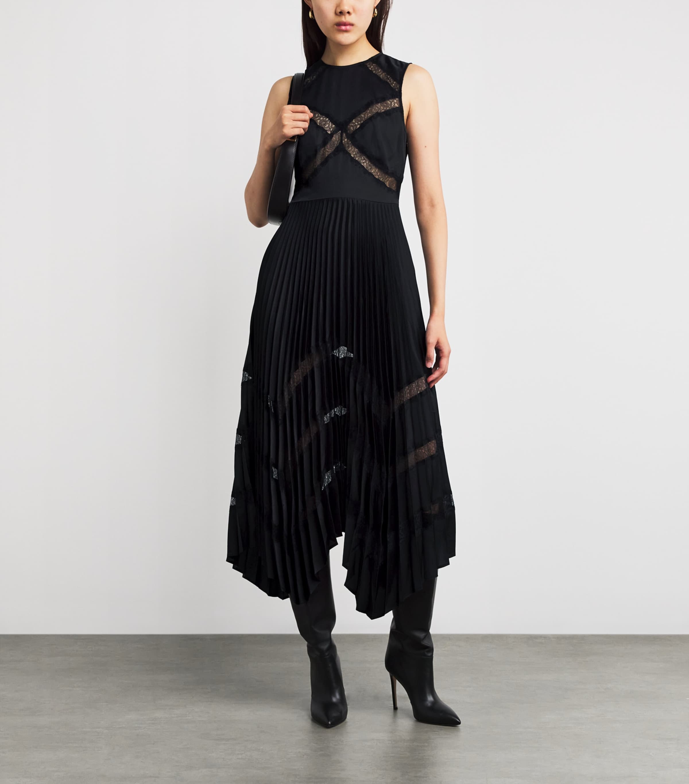 Satin-Lace Pleated Midi Dress BLACK Image 2