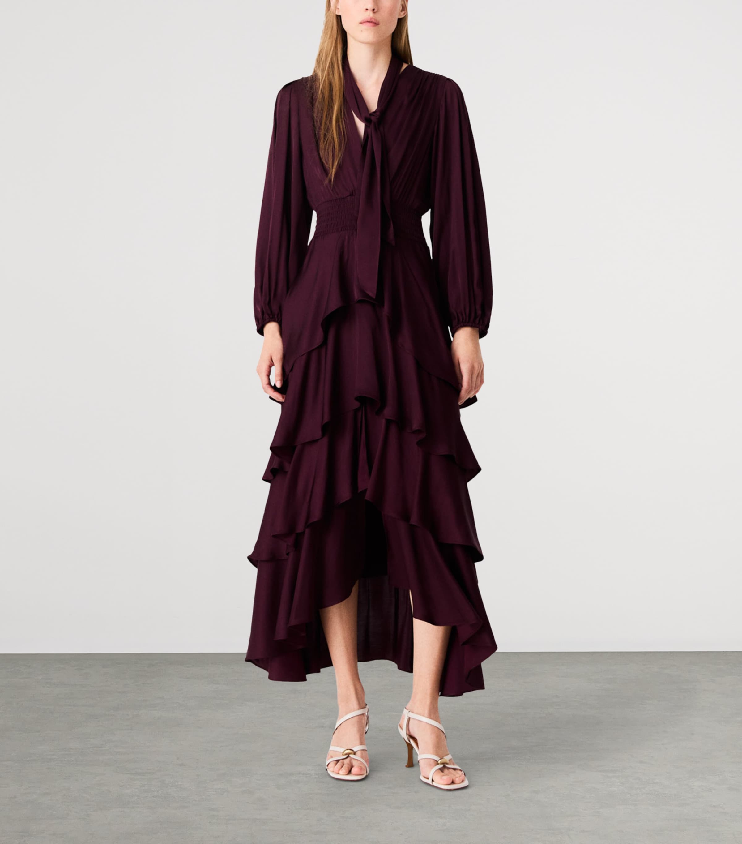 Maje Womens Tiered Pussybow Midi Dress Burgundy Image 2