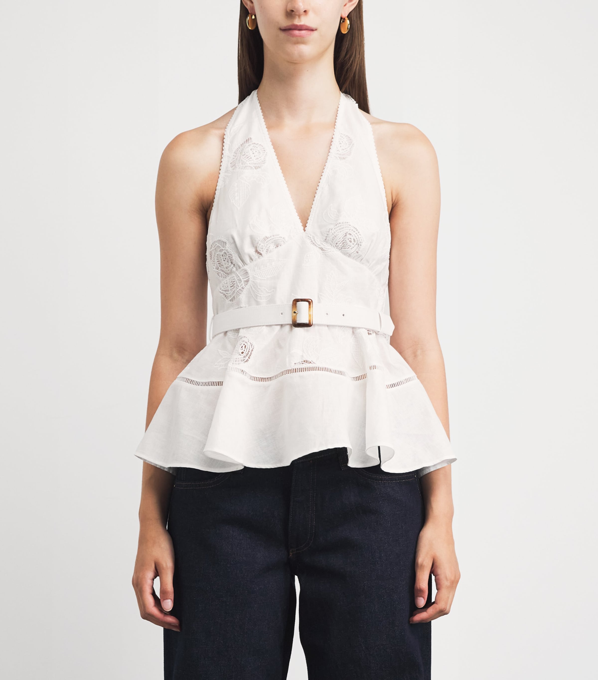 Self-Portrait Womens Linen-Cotton Peplum Top White Image 4