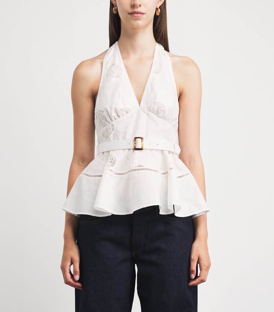 Self-Portrait Womens Linen-Cotton Peplum Top White Image 4