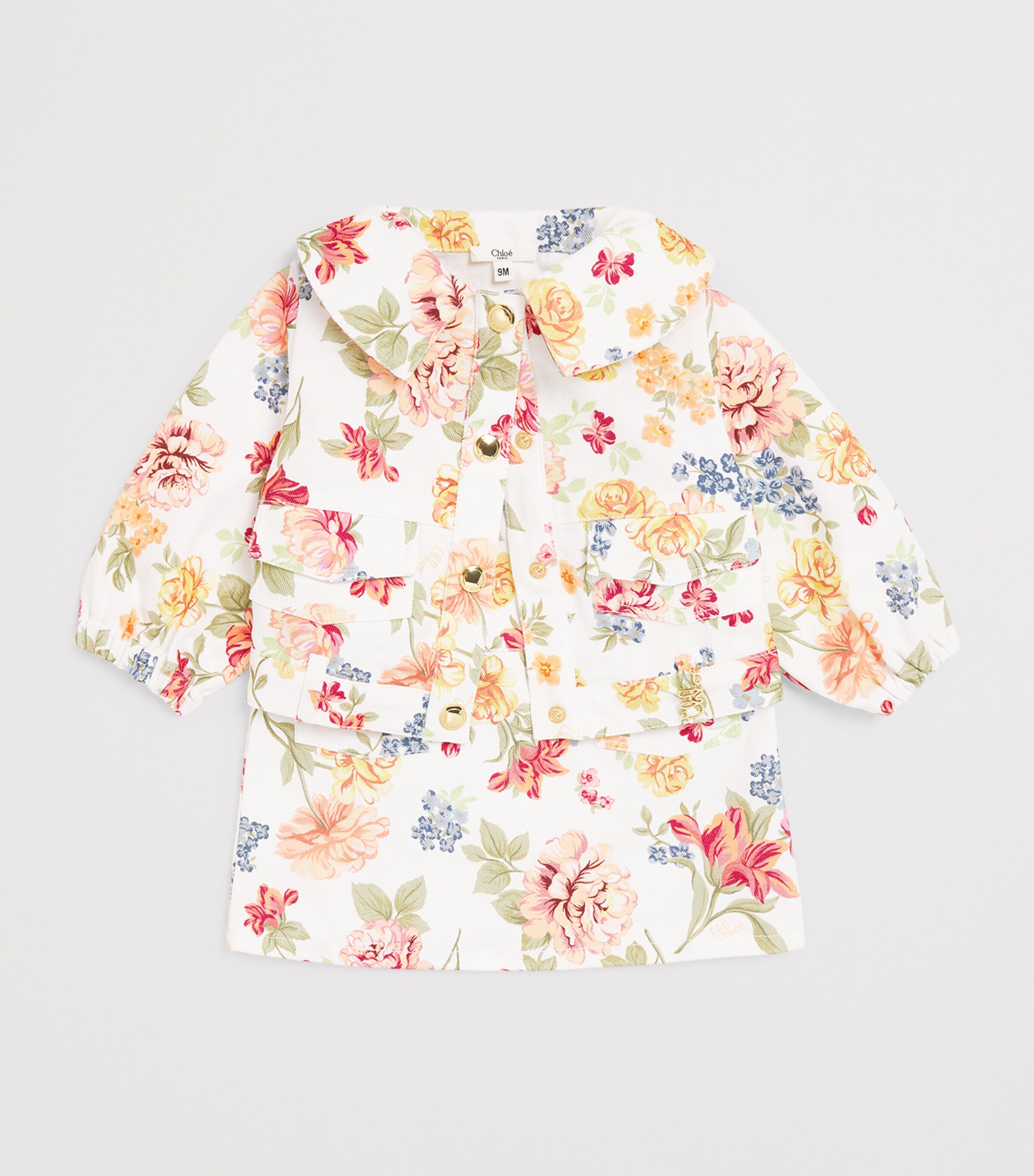 Chloé Kids Denim Floral Pea Coat (6-36 Months) Pink Image 3