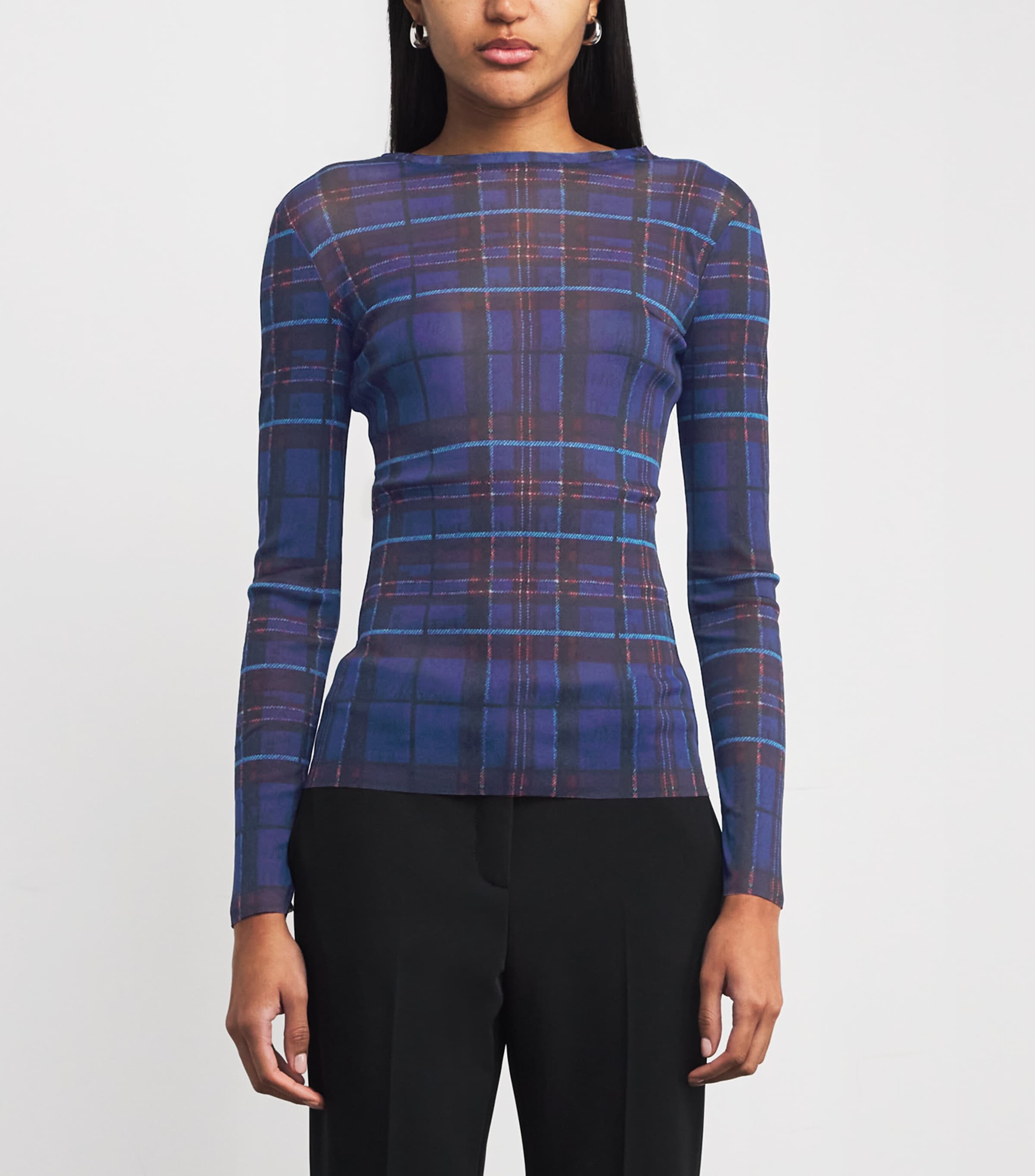 Long-Sleeve Sheer Check Top CORNFLOWER BLUE Image 3