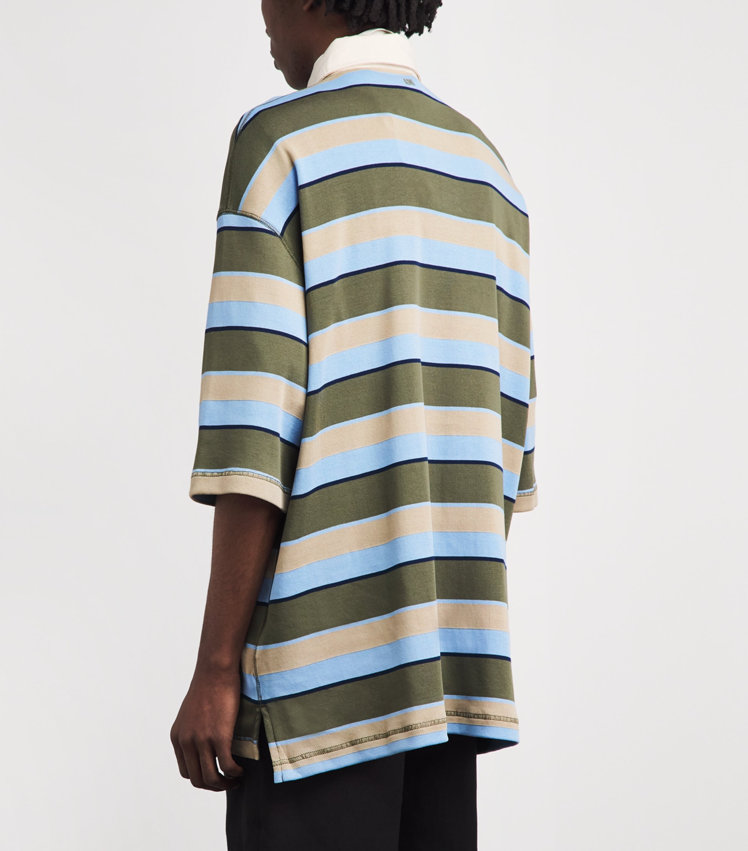AMI Paris Mens Cotton Oversized Stripe Polo Shirt Kaki/tpe/encre Image 5