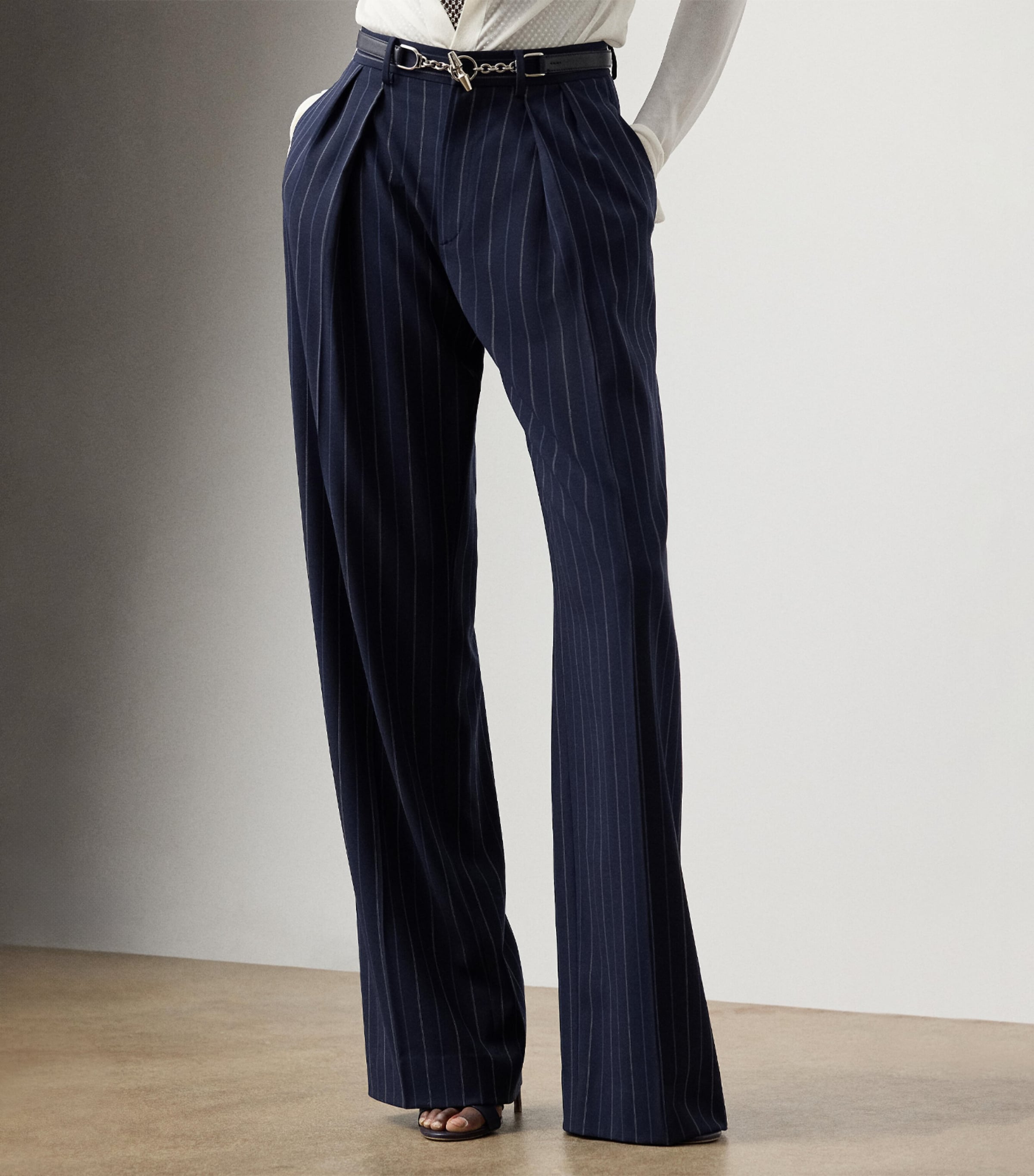 Ralph Lauren Collection Womens Wool Pinstripe Jody Wide-Leg Trousers Navy Image 4