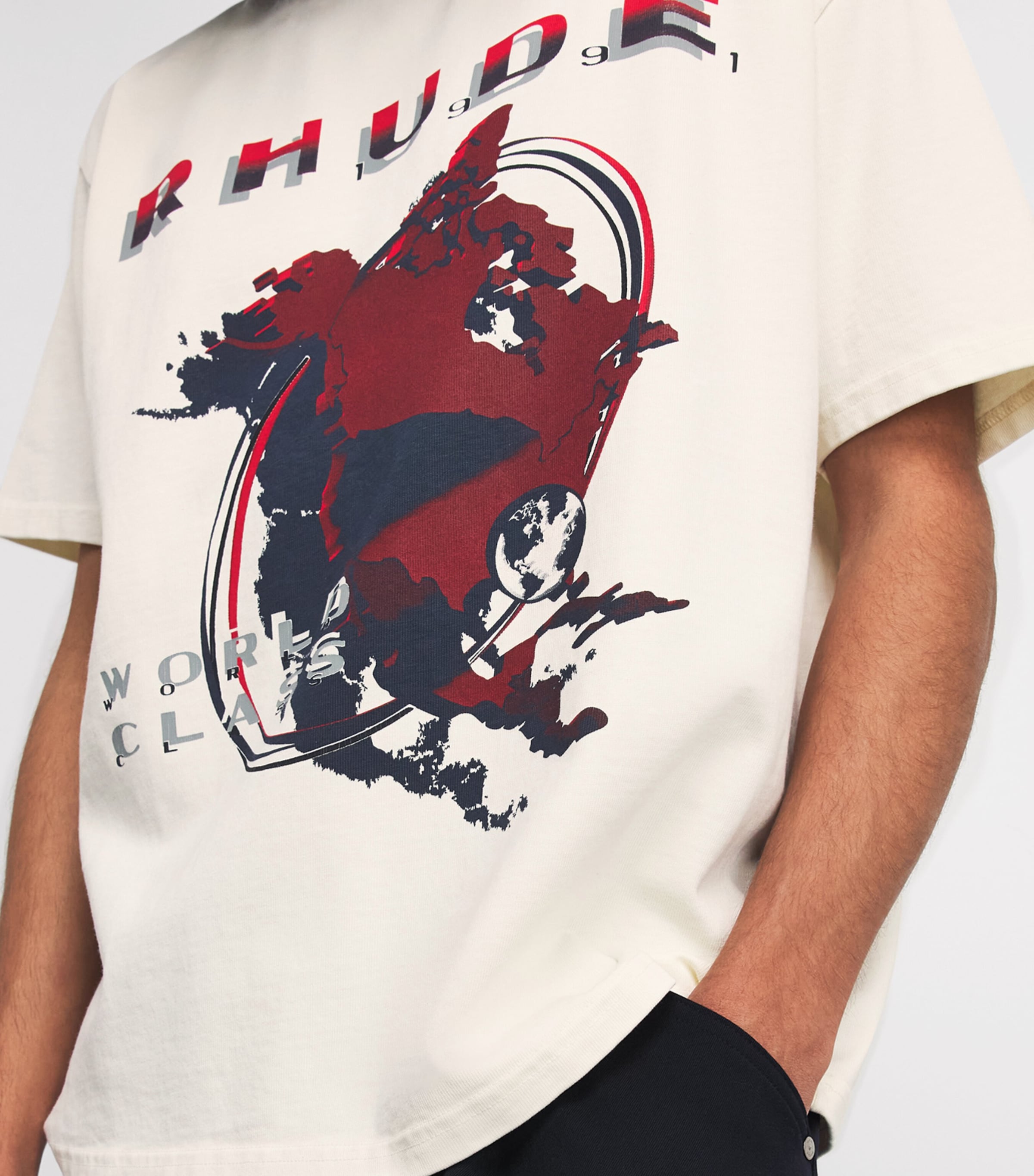 Rhude Mens Cotton Du Monde 91 T-Shirt Vntg Wht/rd/blk Image 3