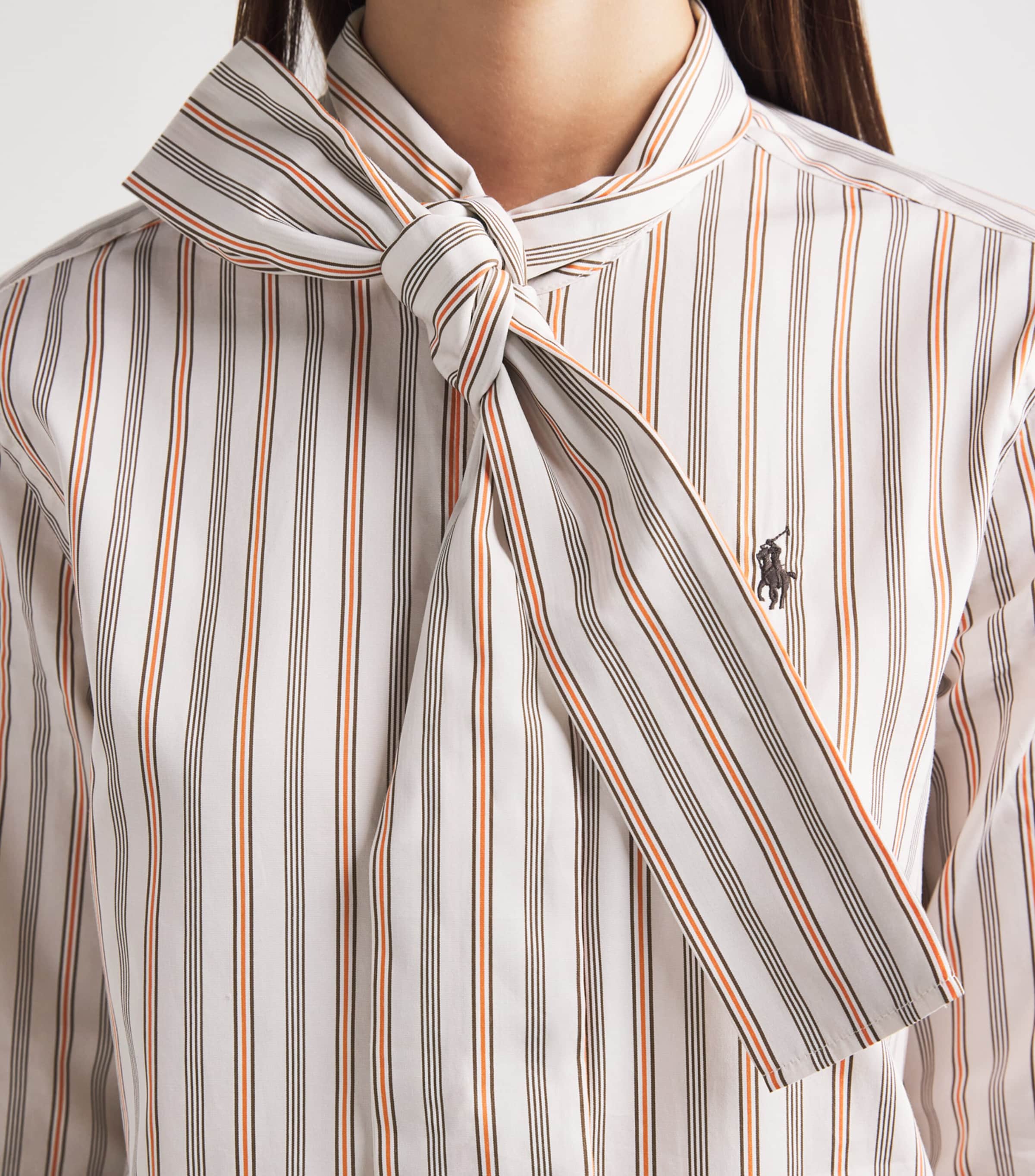 Polo Ralph Lauren Womens Cotton Tie-Neck Slim-Fit Shirt Crm Brwn Rd Image 3