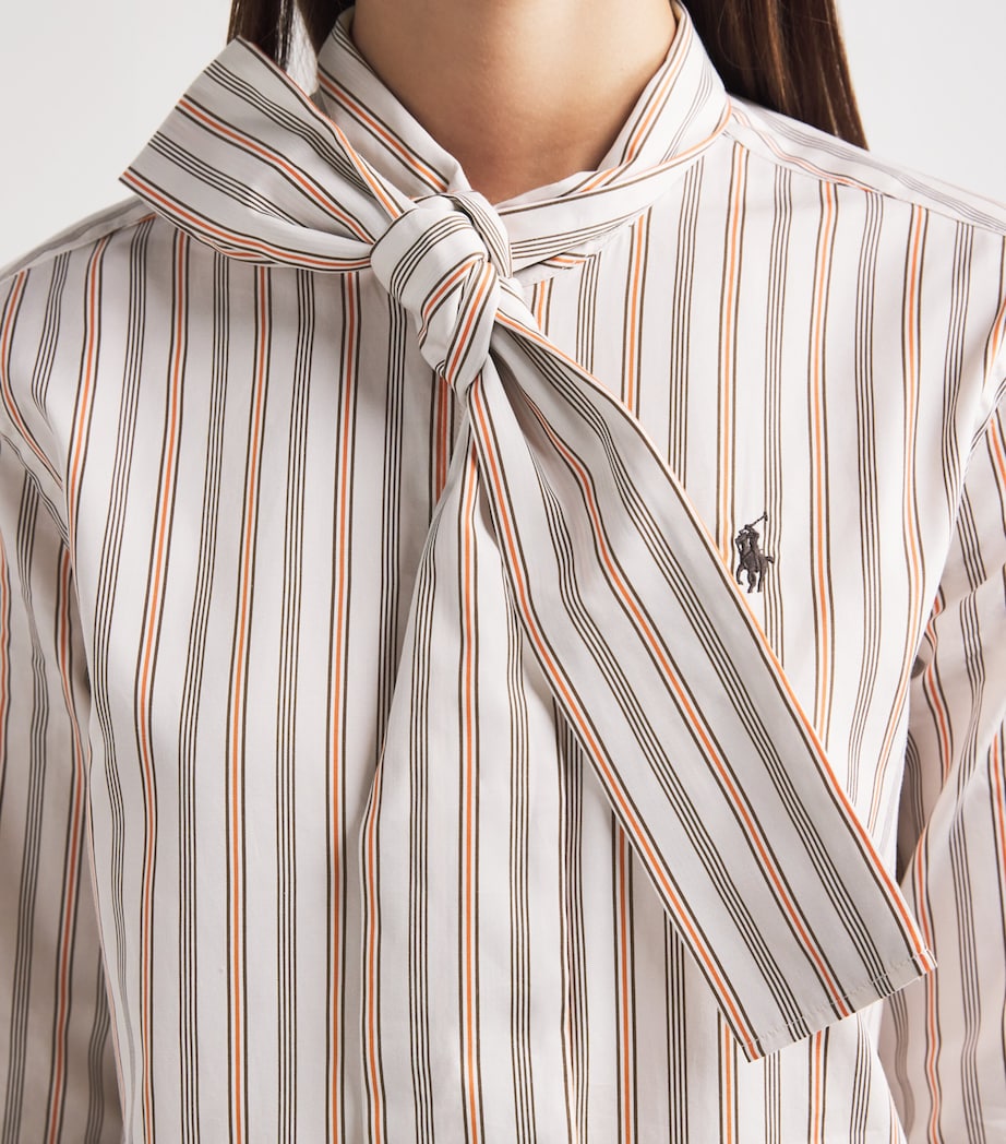 Polo Ralph Lauren Womens Cotton Tie-Neck Slim-Fit Shirt Crm Brwn Rd Image 3