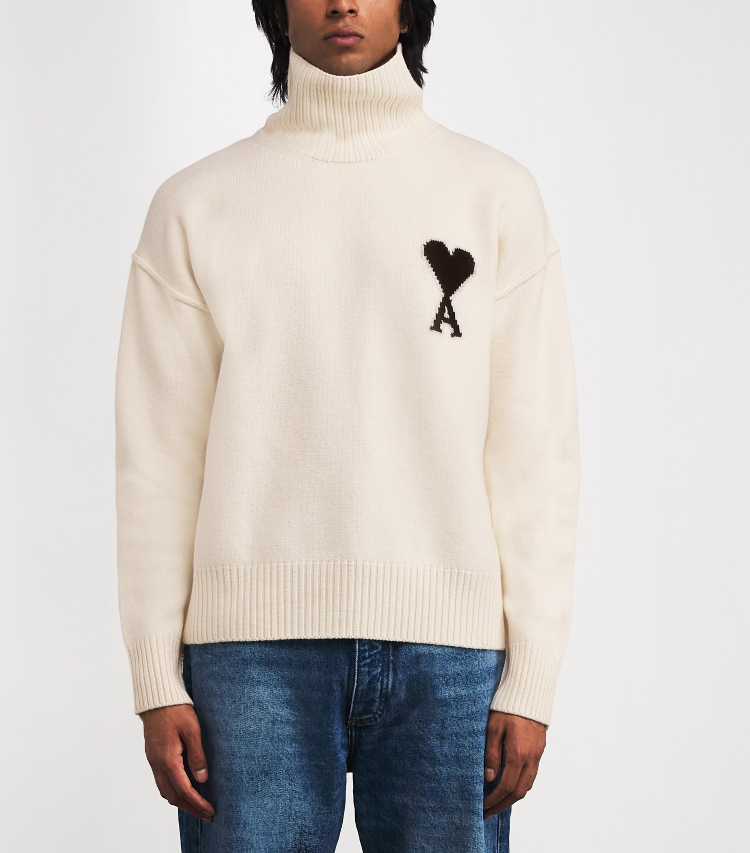 ami♡*°　1001 AMI Paris Beige Virgin Wool Ami de Coeur Funnel-Neck Sweater