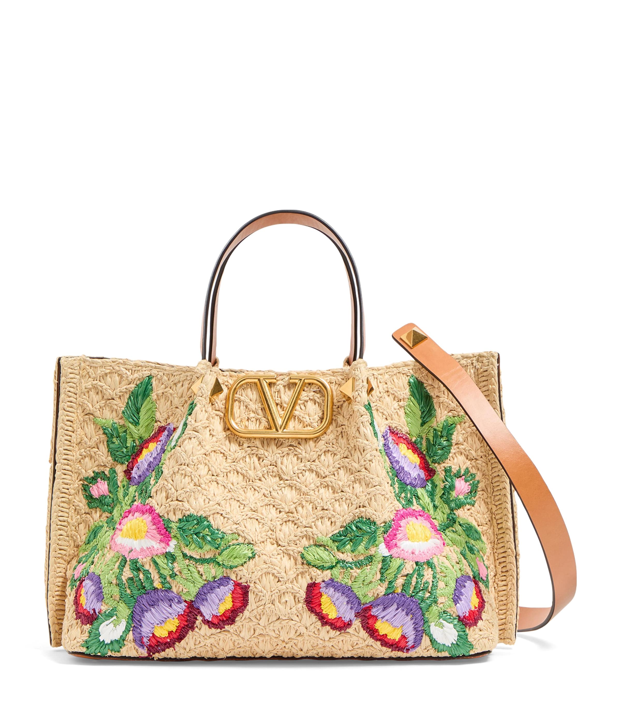 Valentino Garavani Raffia Floral Vlogo Tote Bag